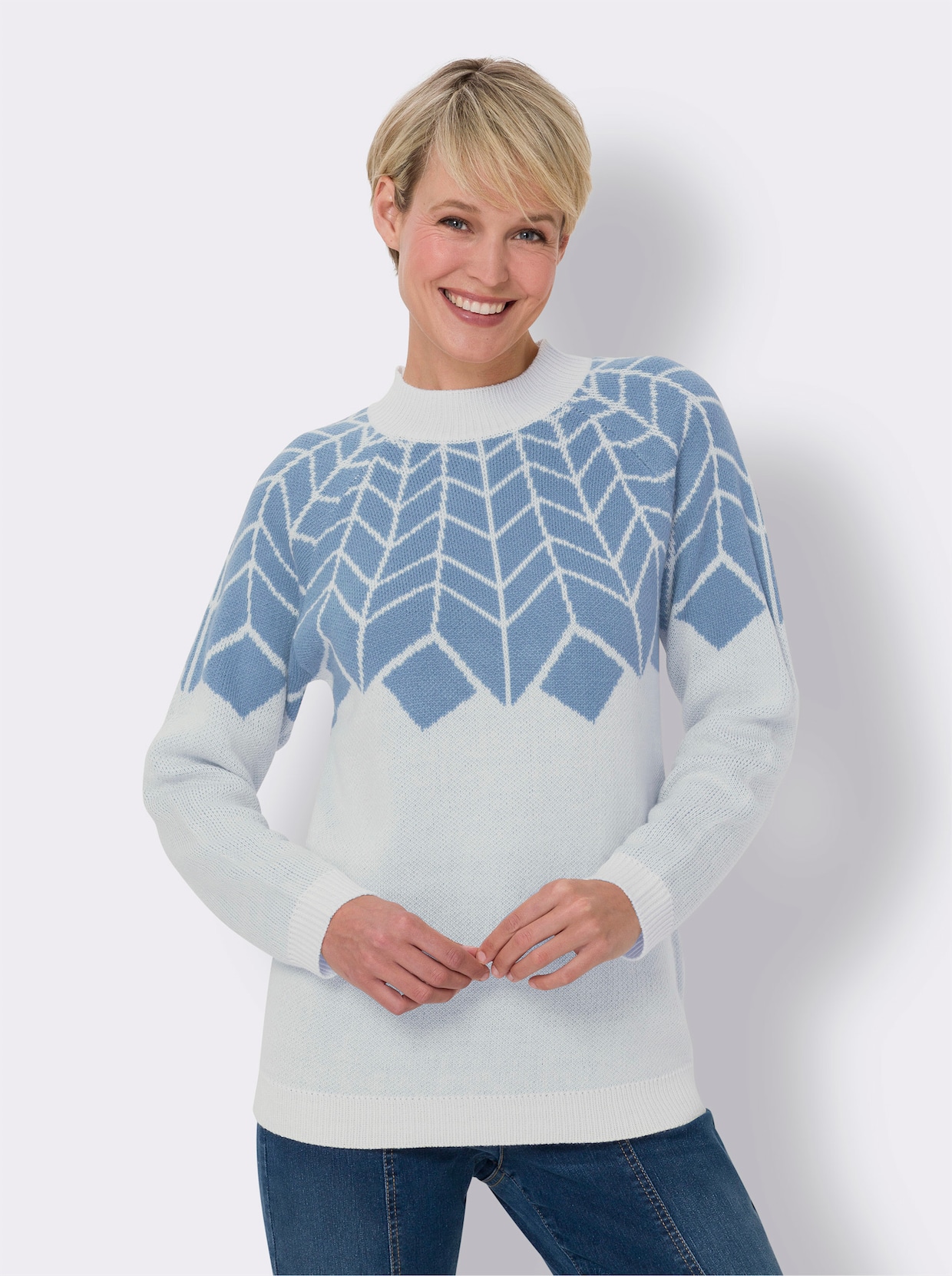 Stehkragenpullover - ecru-bleu-gemustert