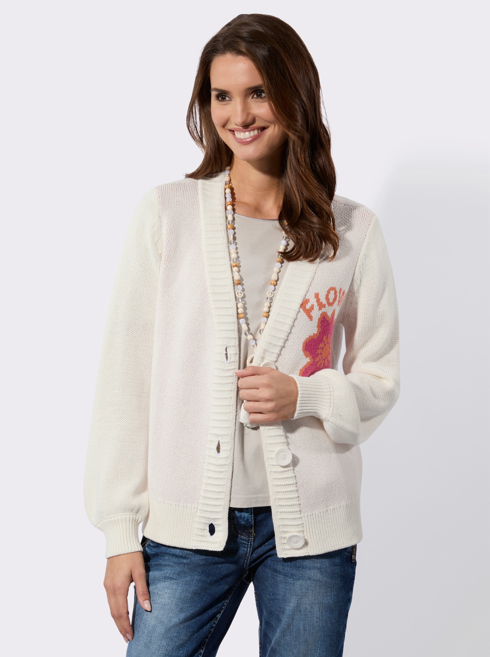 Strickjacke mit Flower Power-Motiv - ecru