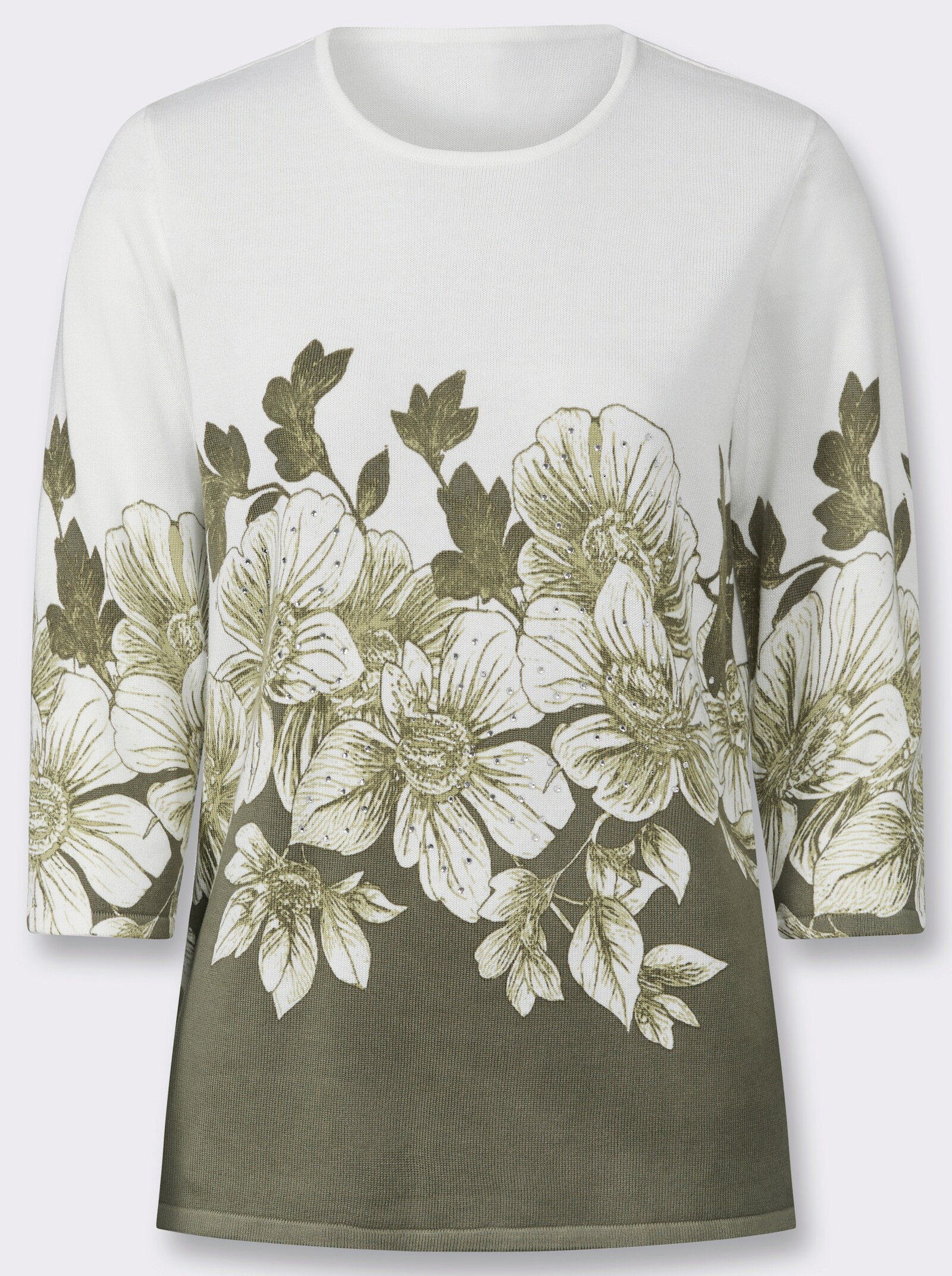 3/4-Arm-Pullover mit platziertem Druckdessin und Glitzersteinchen - weiß-khaki-bedruckt