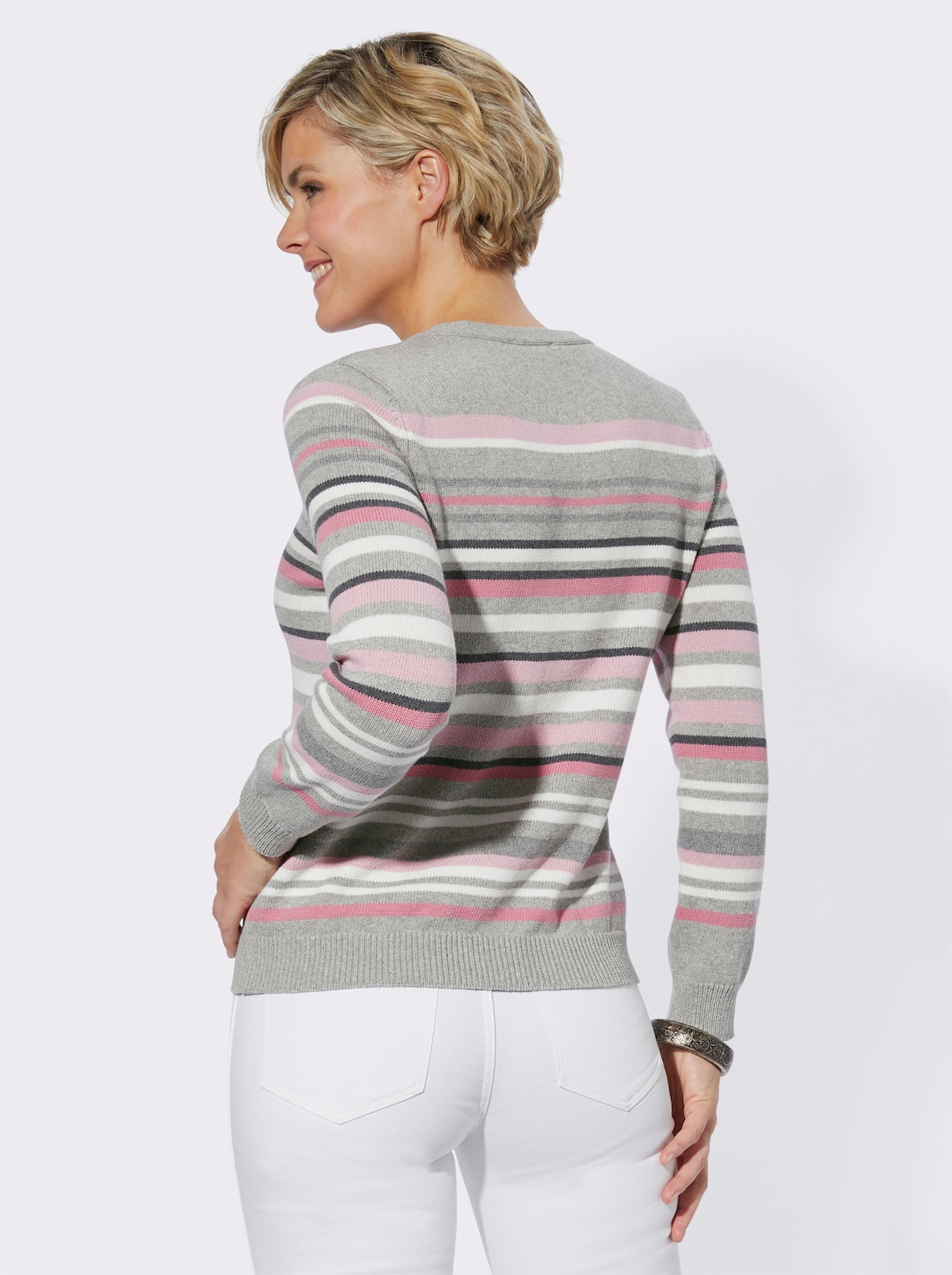 V-Ausschnitt-Pullover - grau-rosé-gestreift