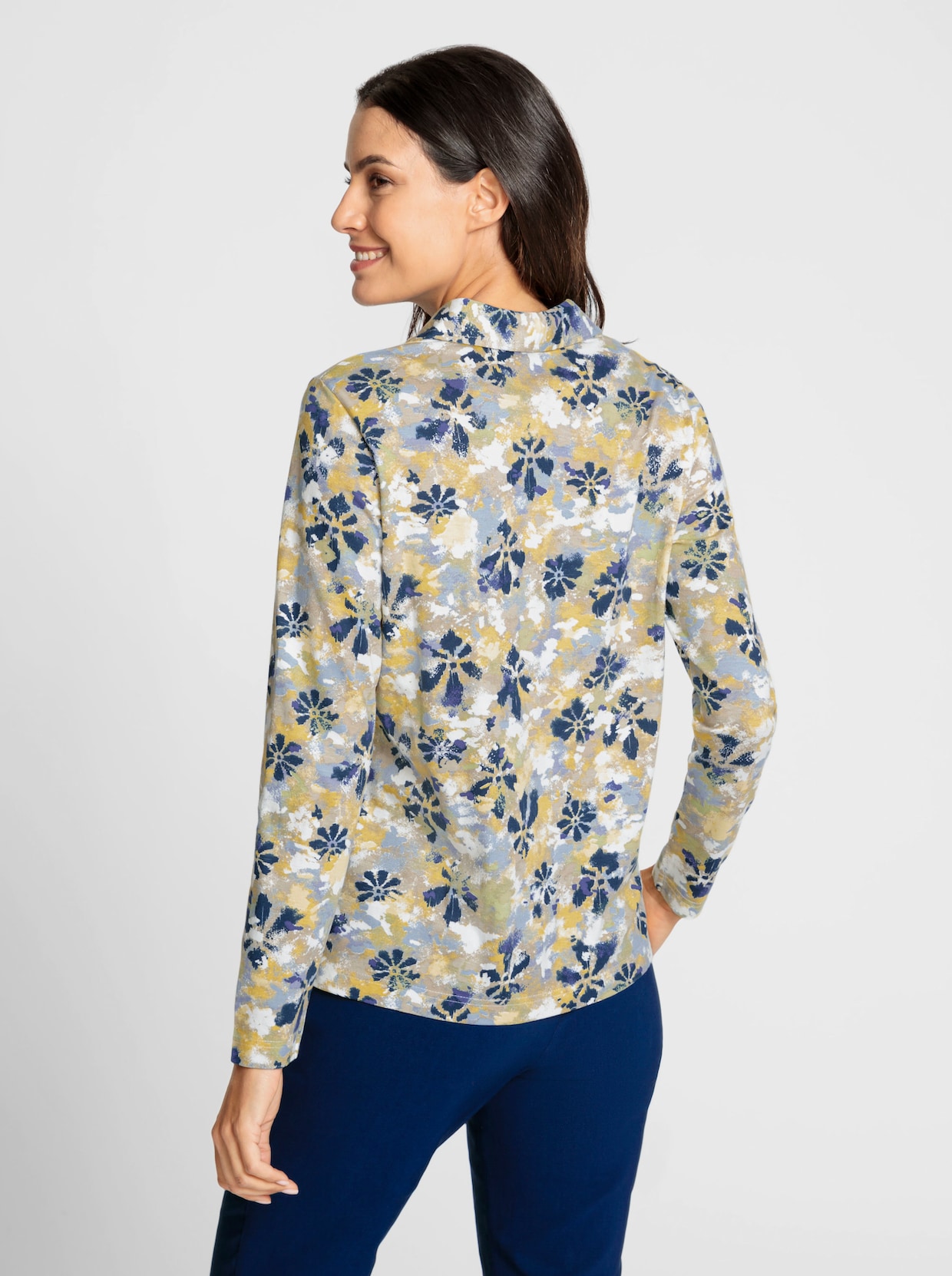 Poloshirt met lange mouwen - rookblauw/citroen bedrukt