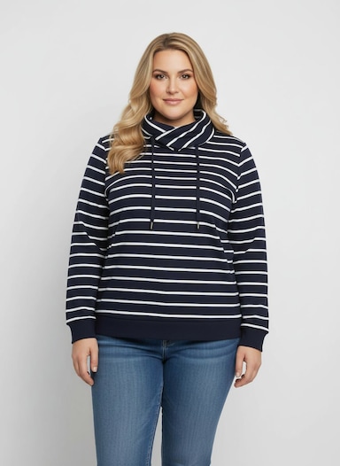 Sweatshirt mit überlappendem Rollkragen - marine-weiß-geringelt
