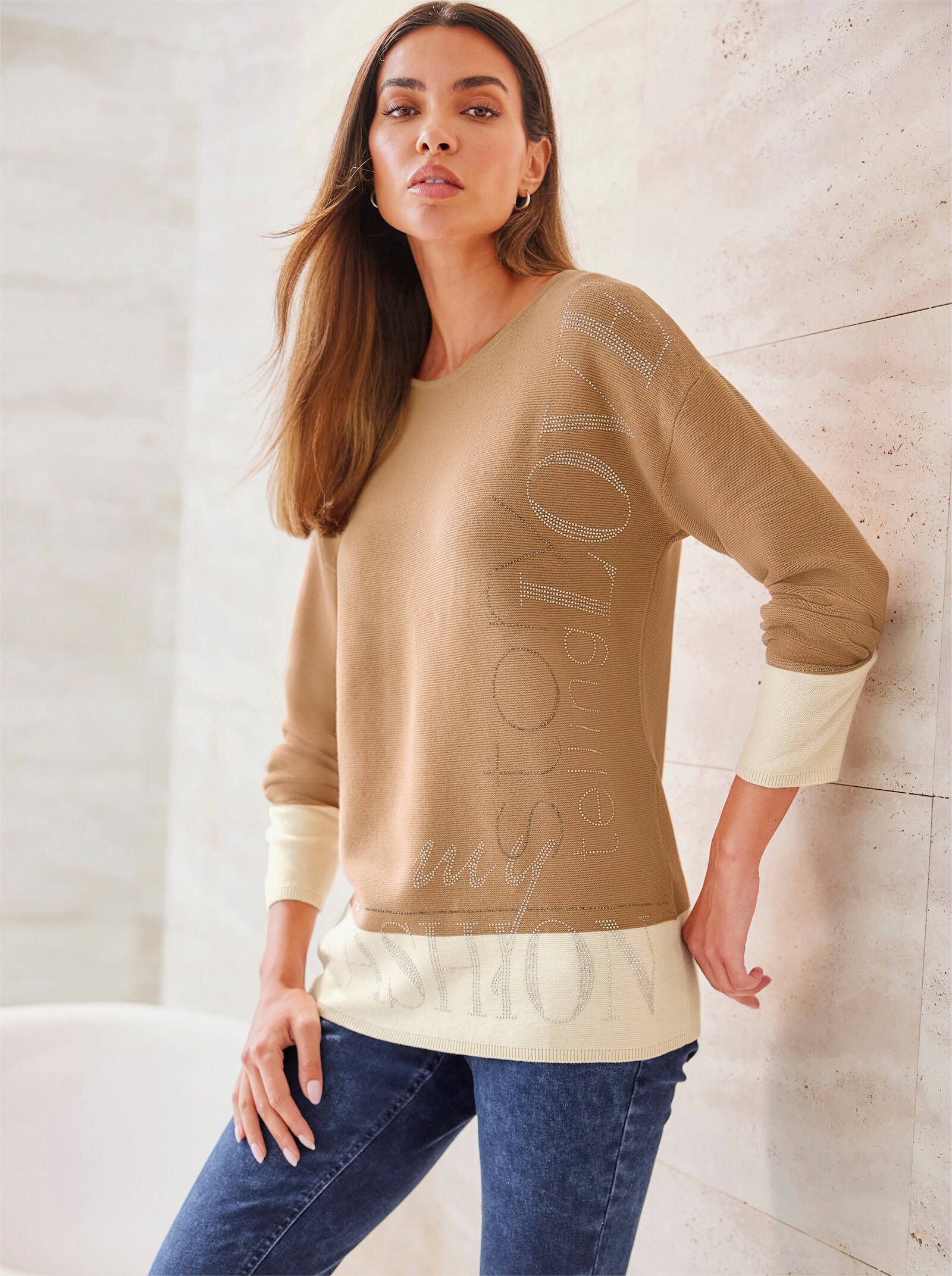 heine Gebreide pullover van puur katoen - champagne/camel gedessineerd