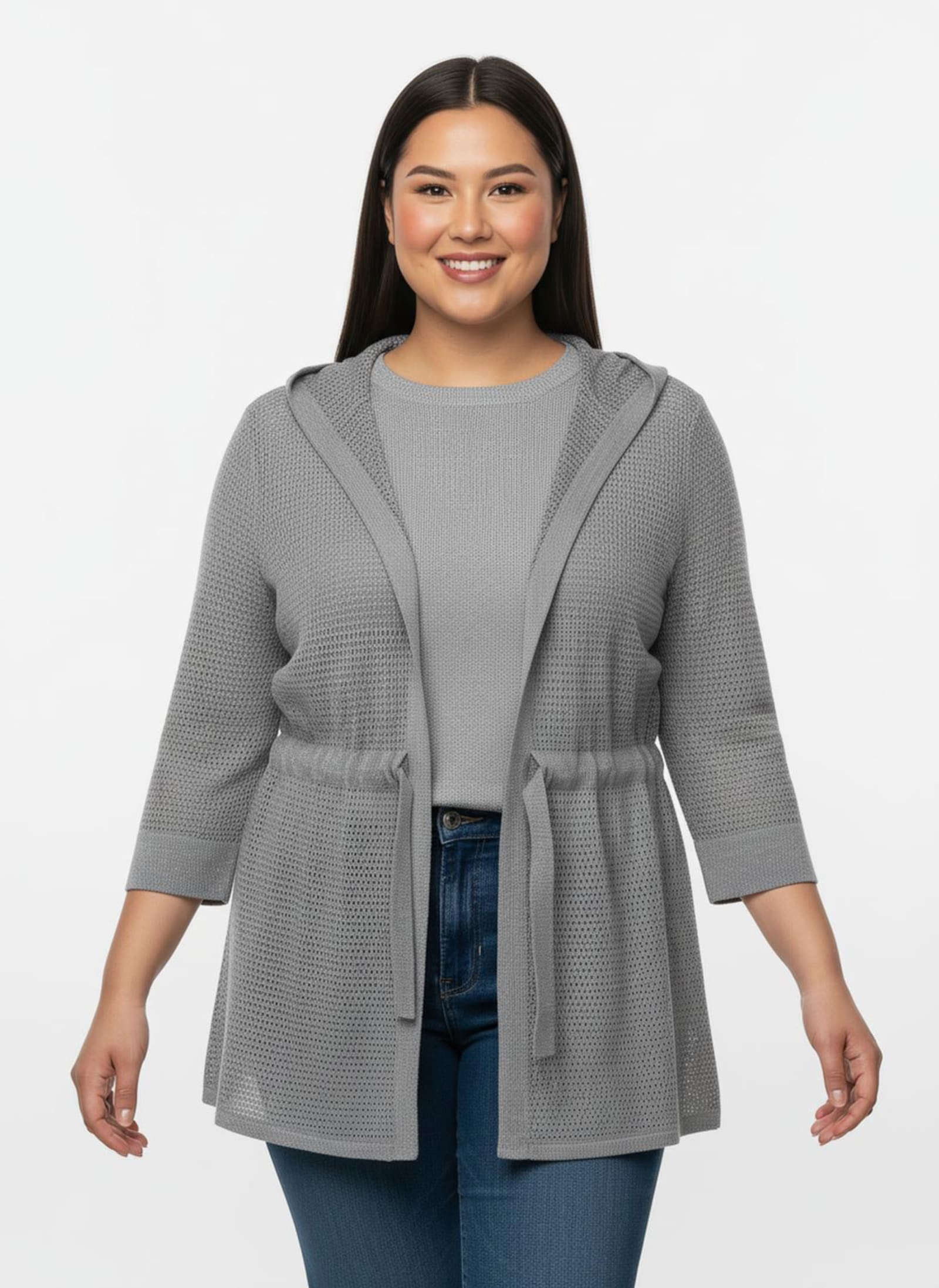 Ajourstrickjacke mit Glanzgarn - steingrau