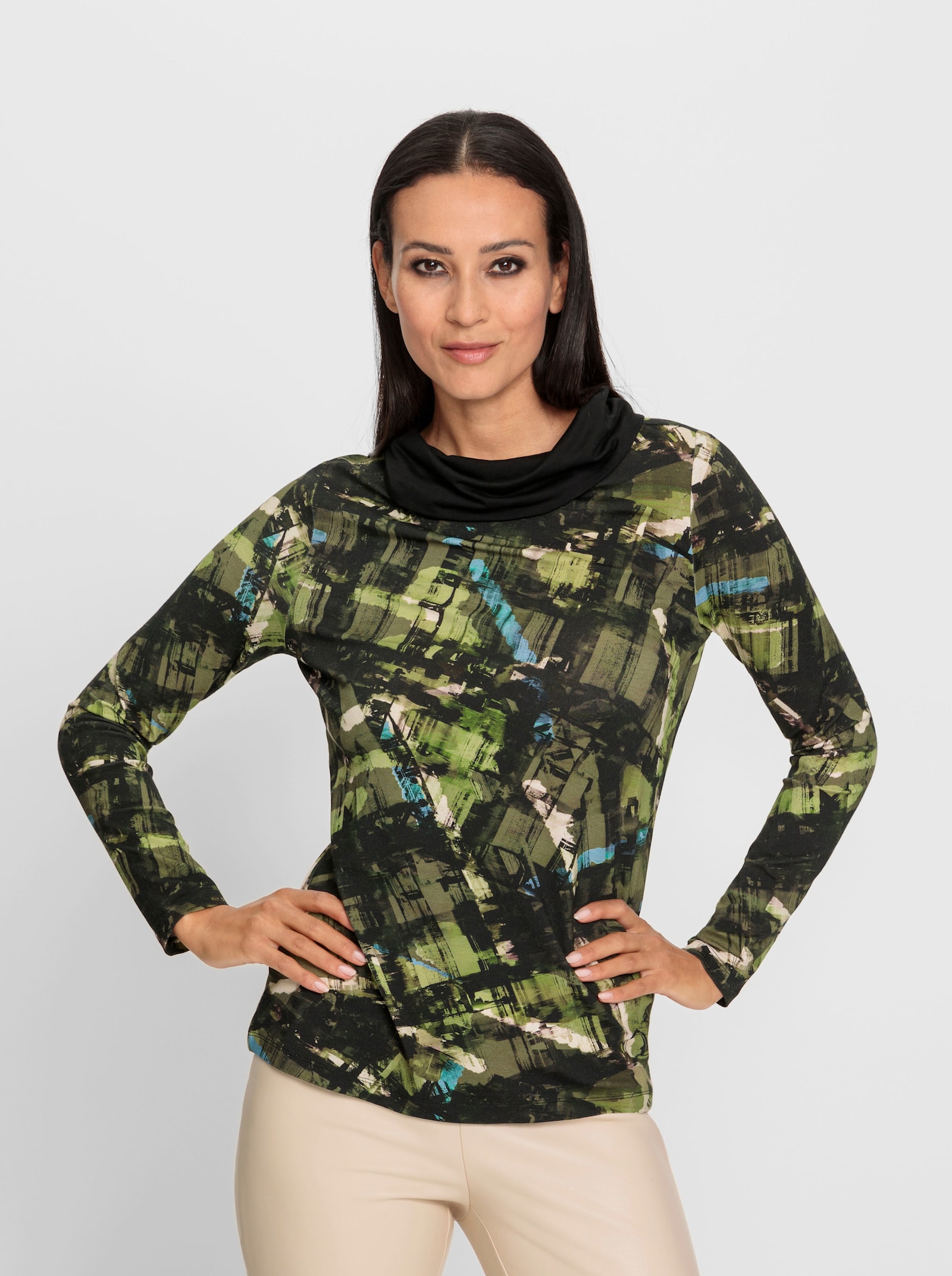 heine Shirt met lange mouwen en platte kraag - zwart/kaki geprint