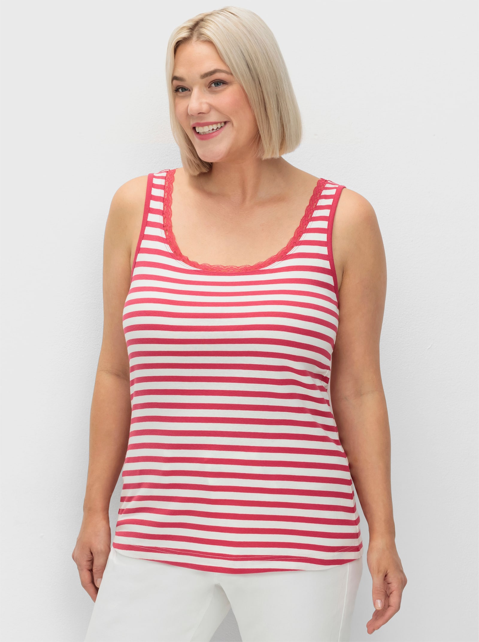 sheego Tanktop mit Ringeln und Spitzenkante. - sorbet pink-ecru