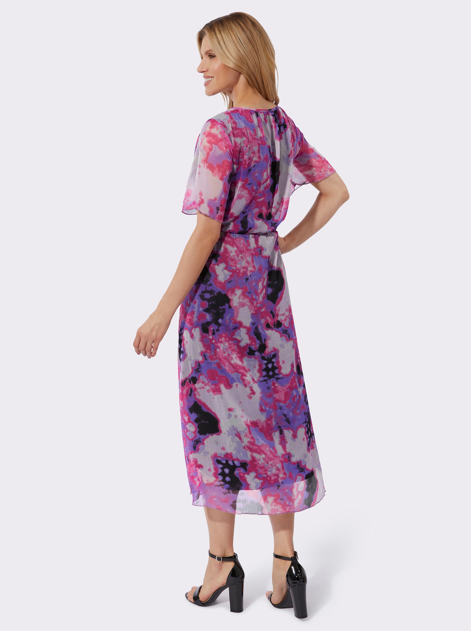 Druckkleid mit ausgestelltem Rockteil - lila-fuchsia-bedruckt