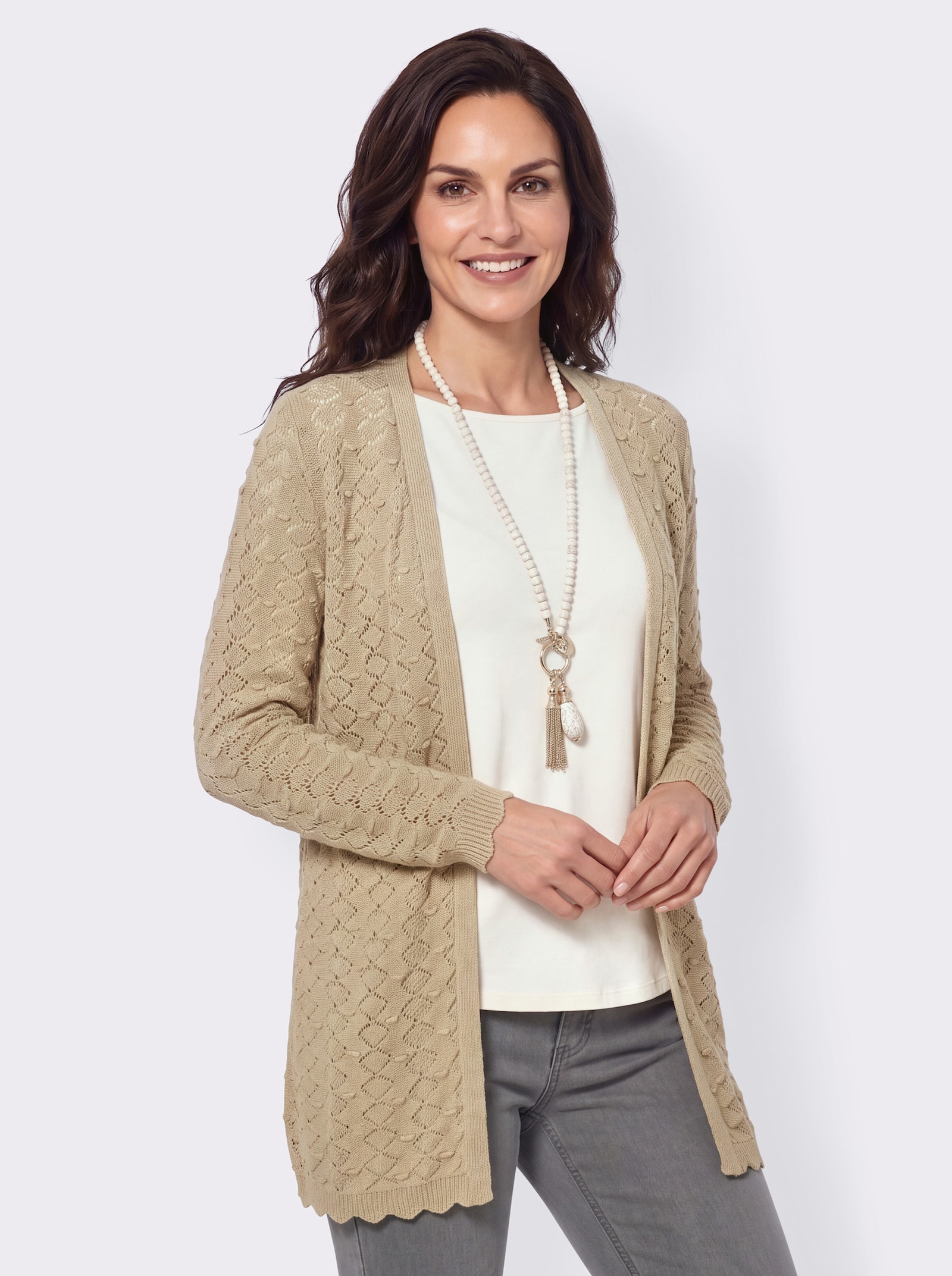 Longstrickjacke mit glattem Rückenteil - sand
