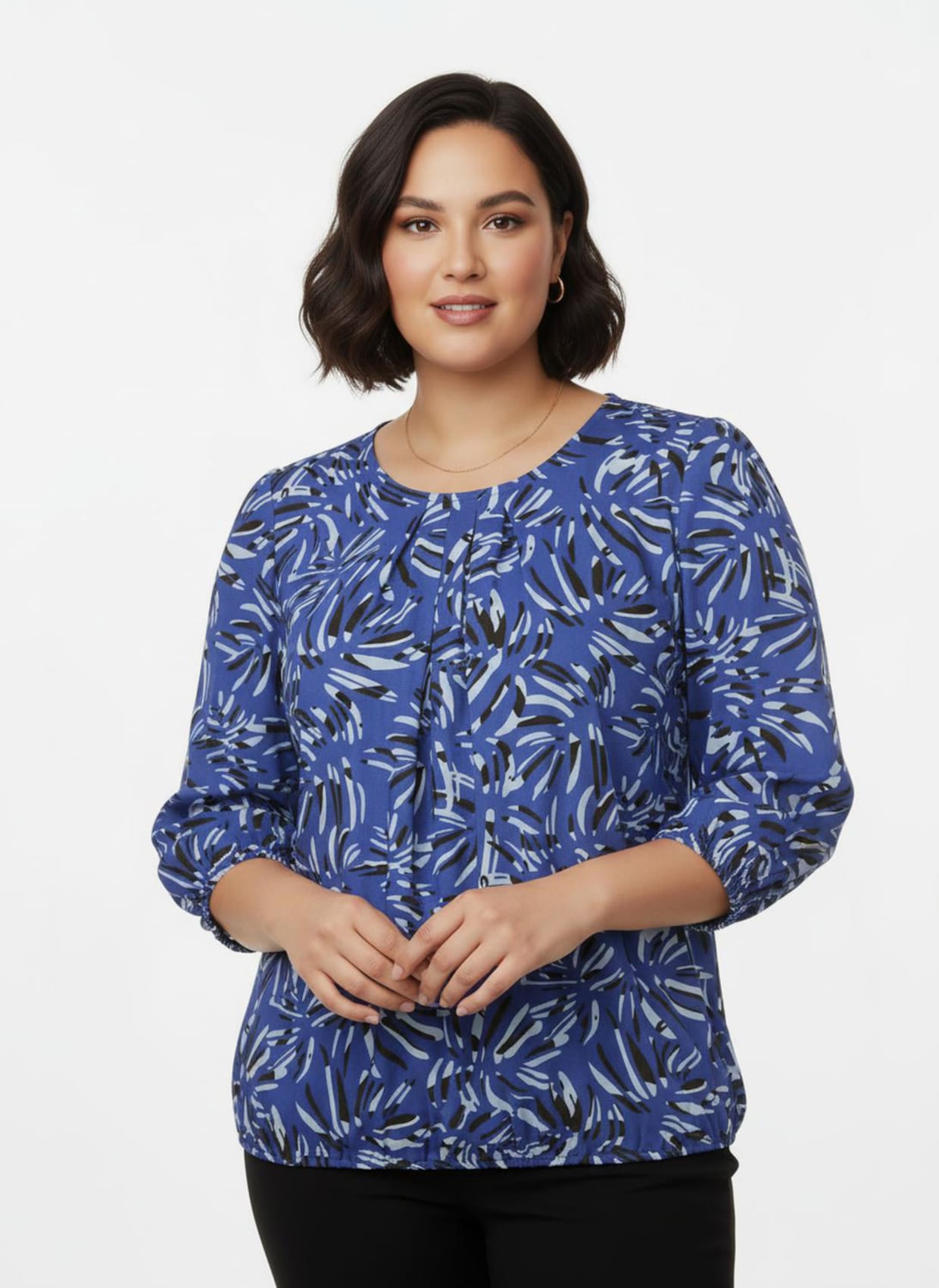 Druckbluse in Schlupfform - royalblau-graphit-bedruckt