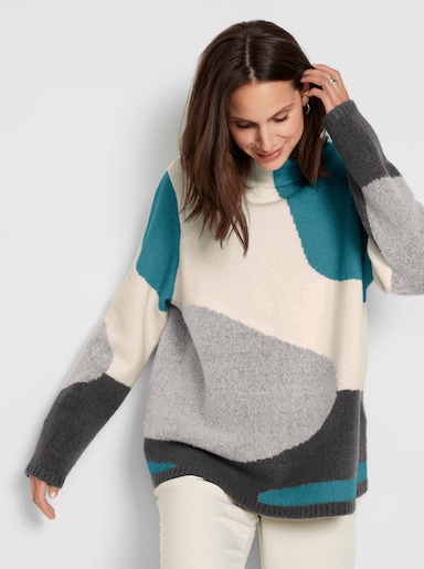 Oversize-Pullover - champagner-aquapetrol-gemustert