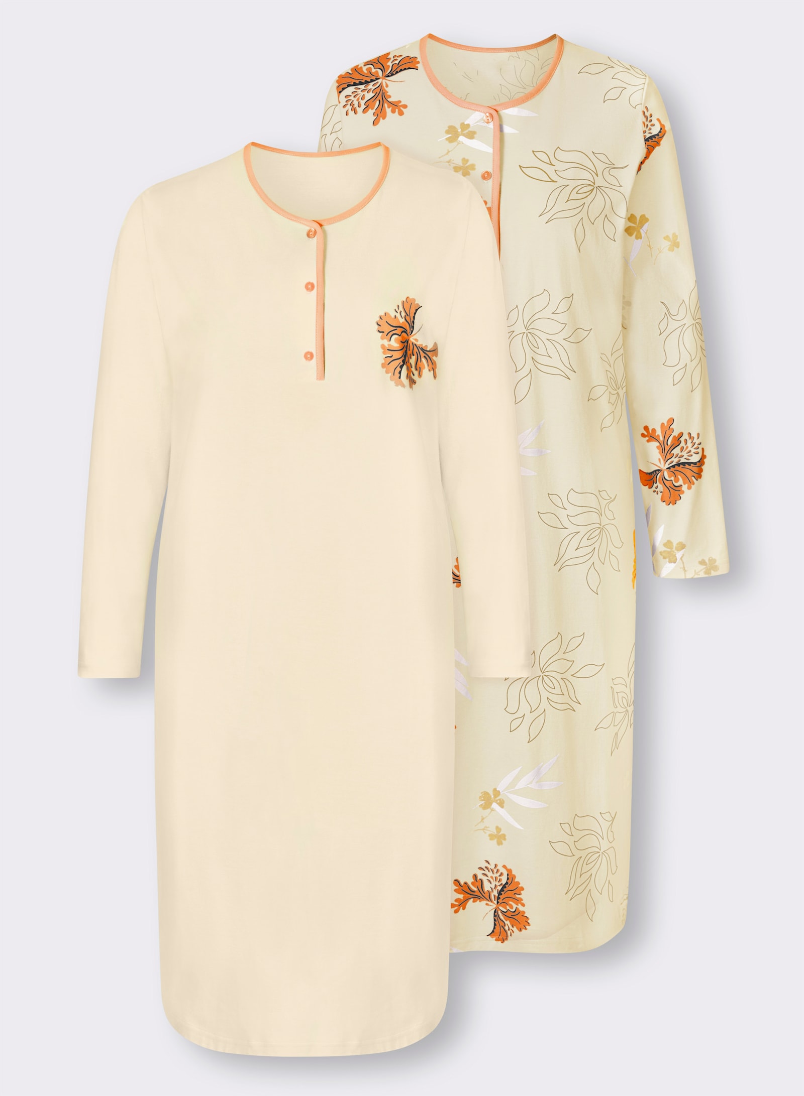 Ascafa Nachthemden im Doppelpack, floraler Print - vanille + vanille-bedruckt