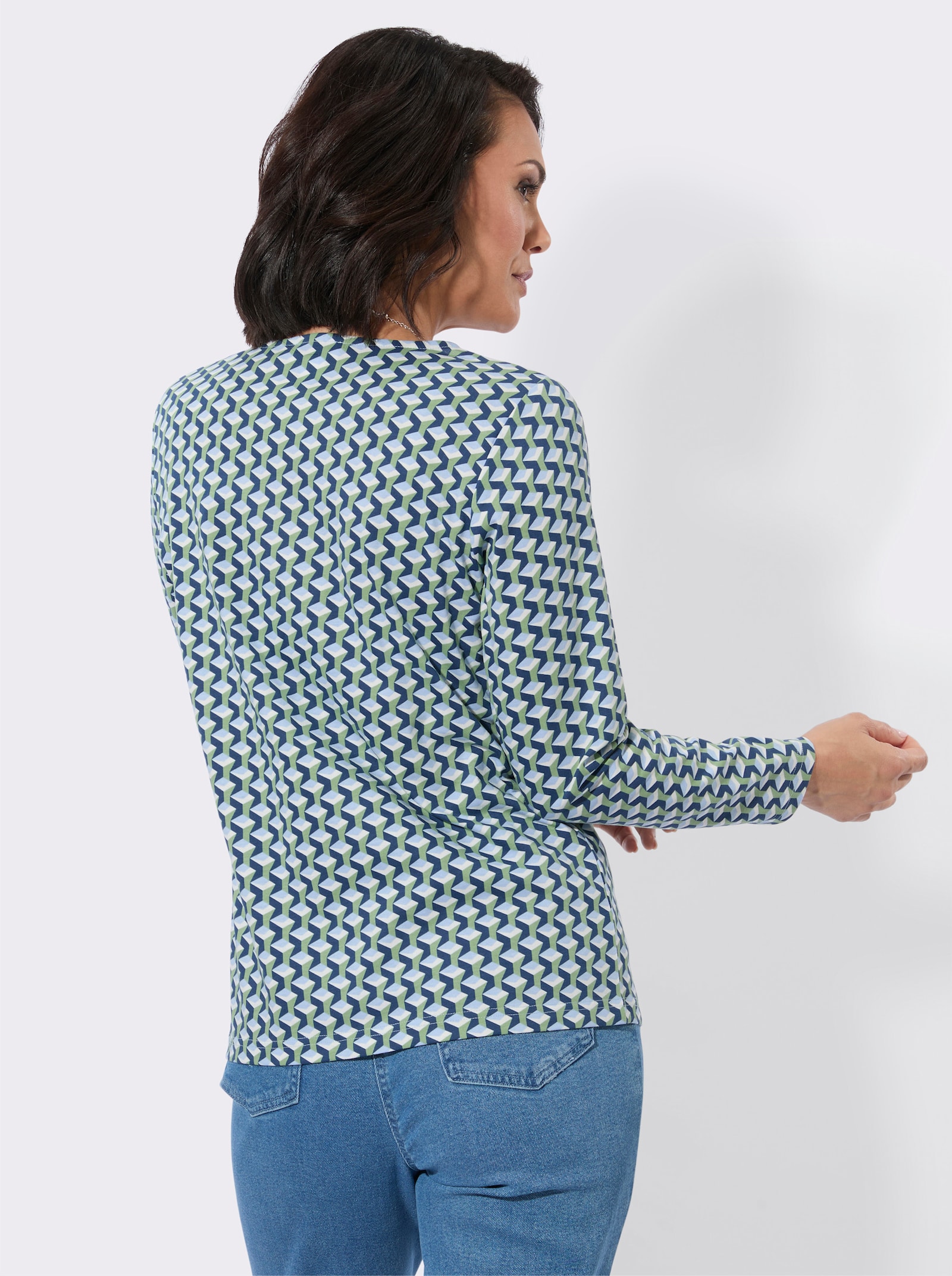 Rundhalsshirt im Minimal-Dessin - dunkelblau-eucalyptus-bedruckt