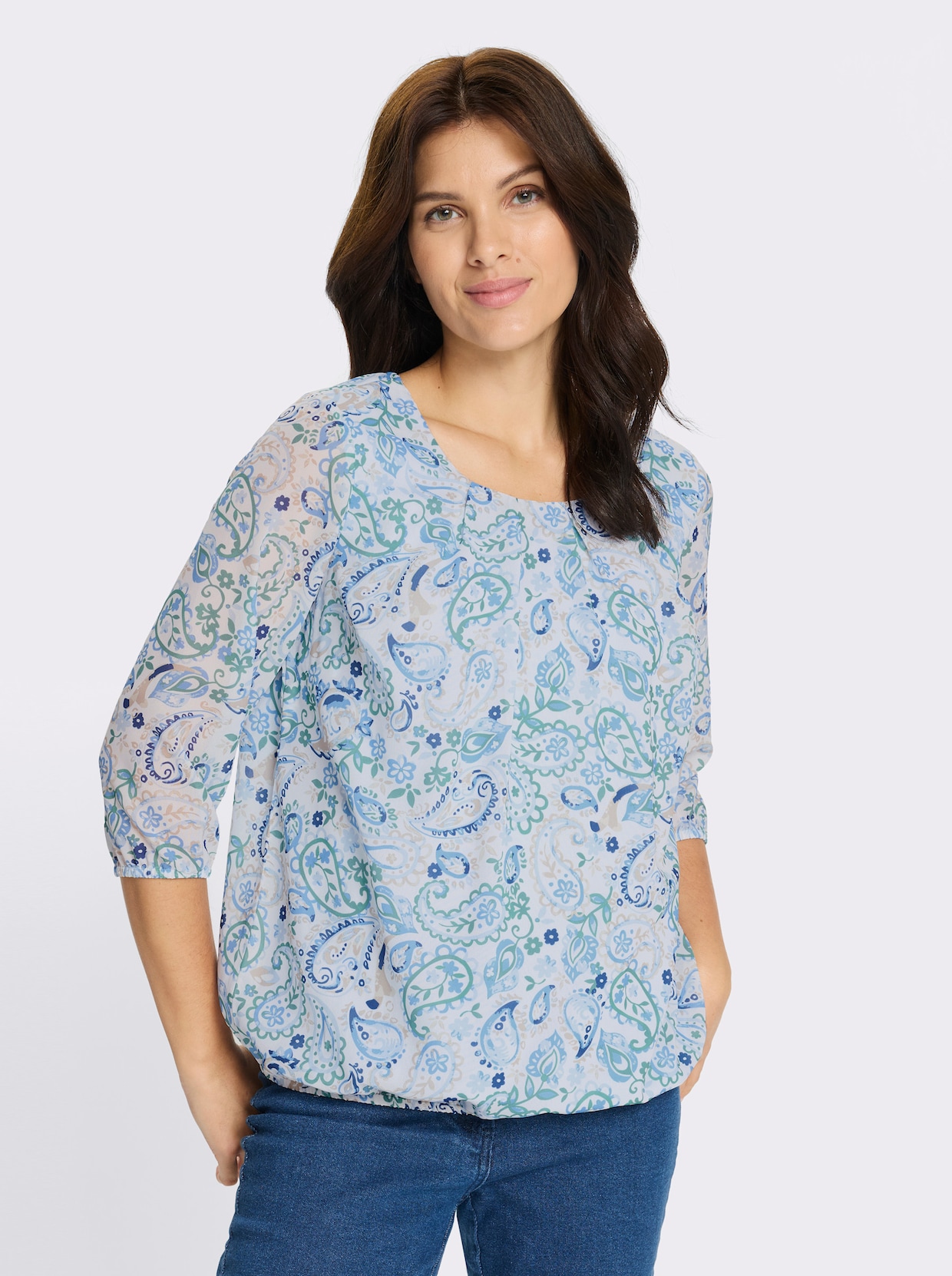 Schlupfbluse in Georgette-Qualität - himmelblau-ecru-bedruckt
