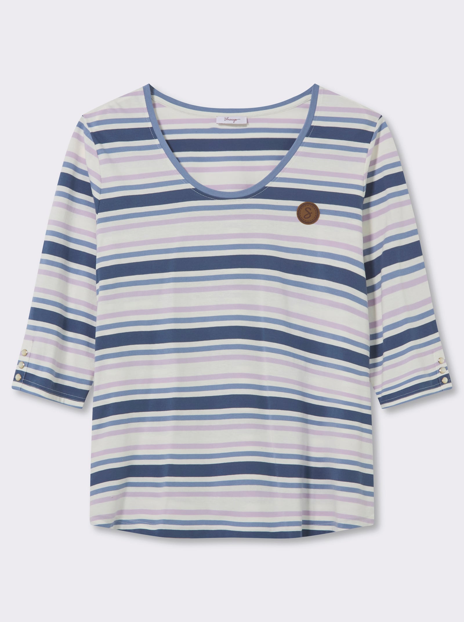 sheego Ringelshirt mit Zierknopfleiste an den Ärmeln - ecru-rauchblau-geringelt