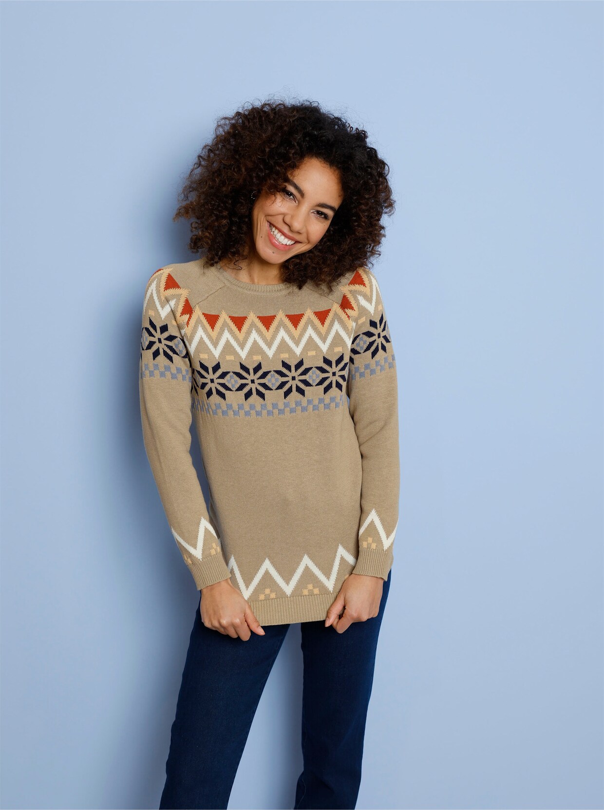 Langarm-Pullover - beige-gemustert