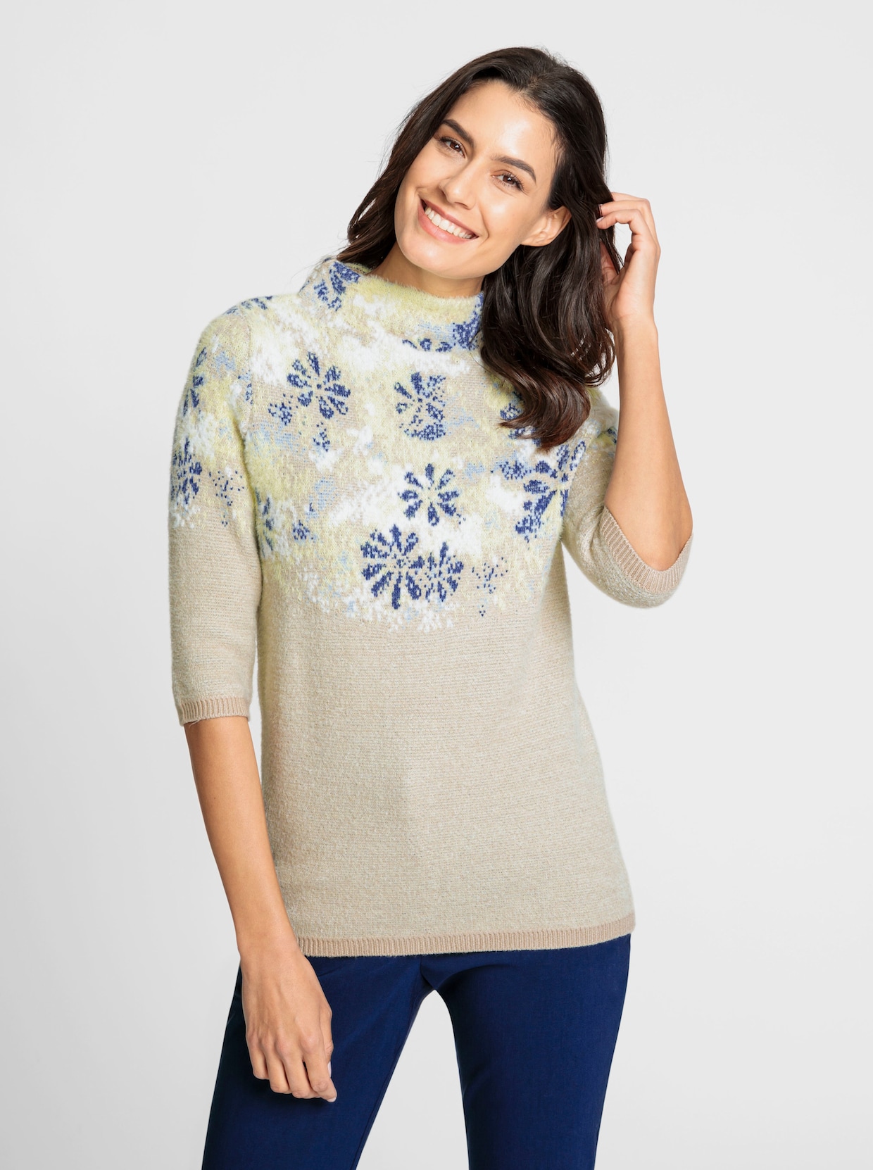 Kurzarmpullover - sand-zitrone-gemustert