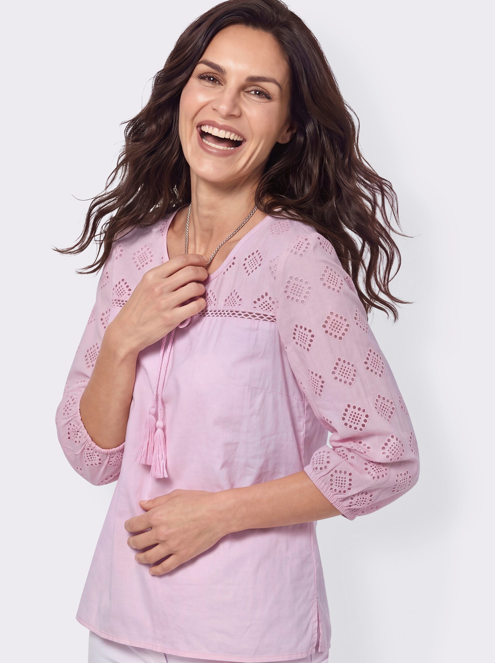Druckbluse mit Lochstickerei-Partien - rosé