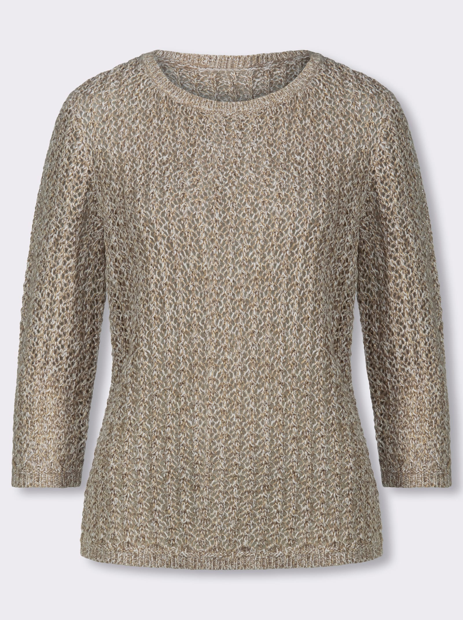 3/4-Arm-Pullover mit goldfarbenem Glanzgarn - taupe-ecru-meliert