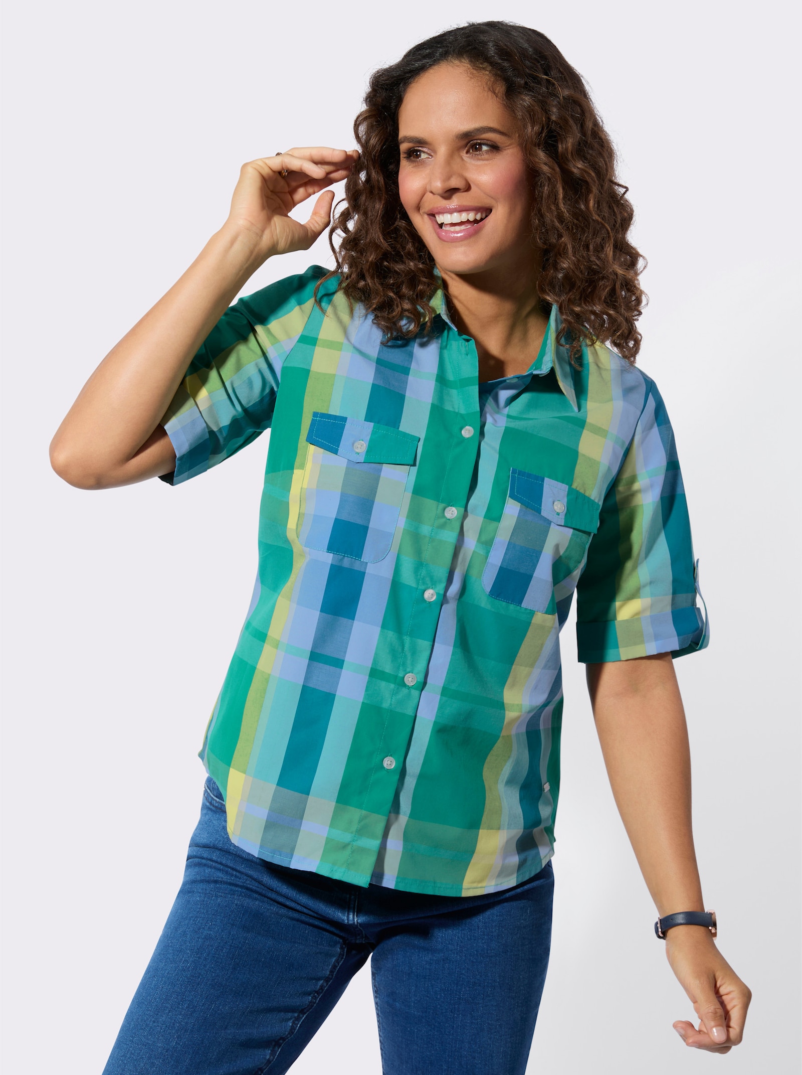 Karobluse im Baumwoll-Polyester-Mix - smaragd-bleu-kariert
