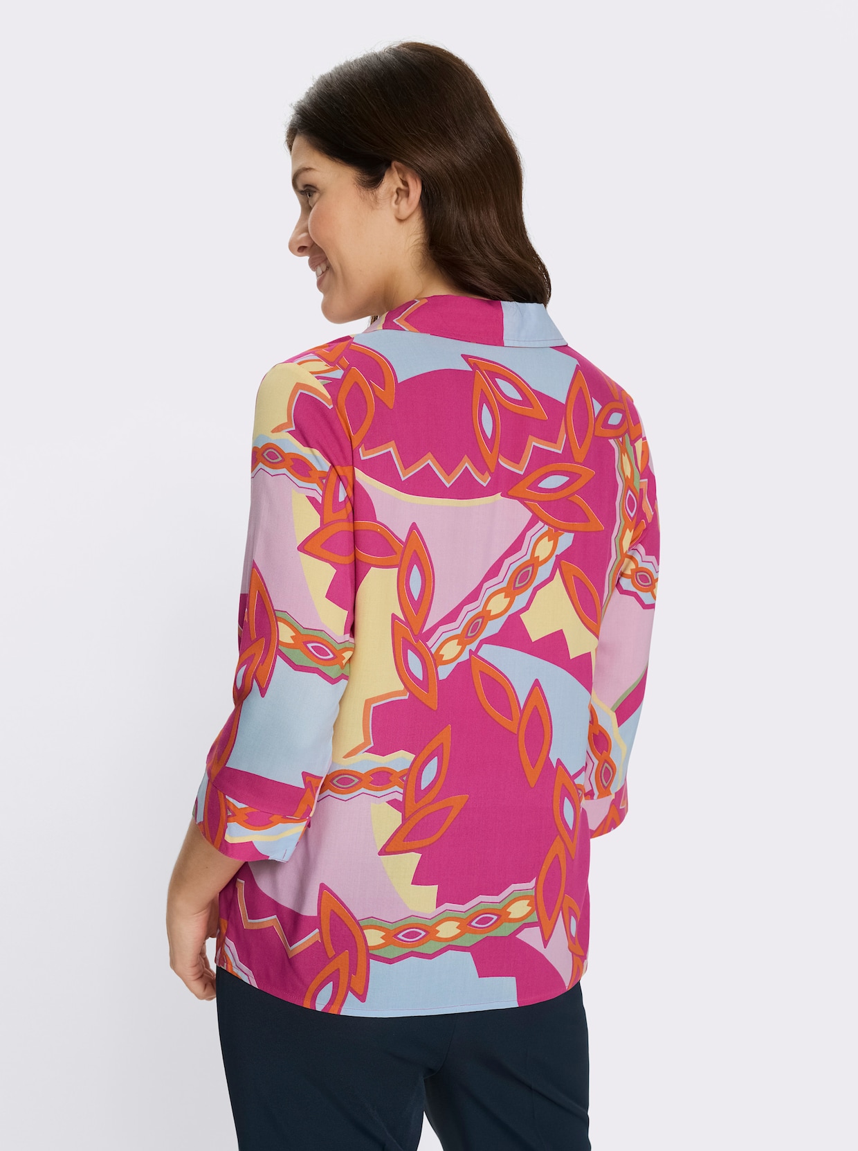 Schlupfbluse mit 3/4-Ärmel - fuchsia-zitrone-bedruckt