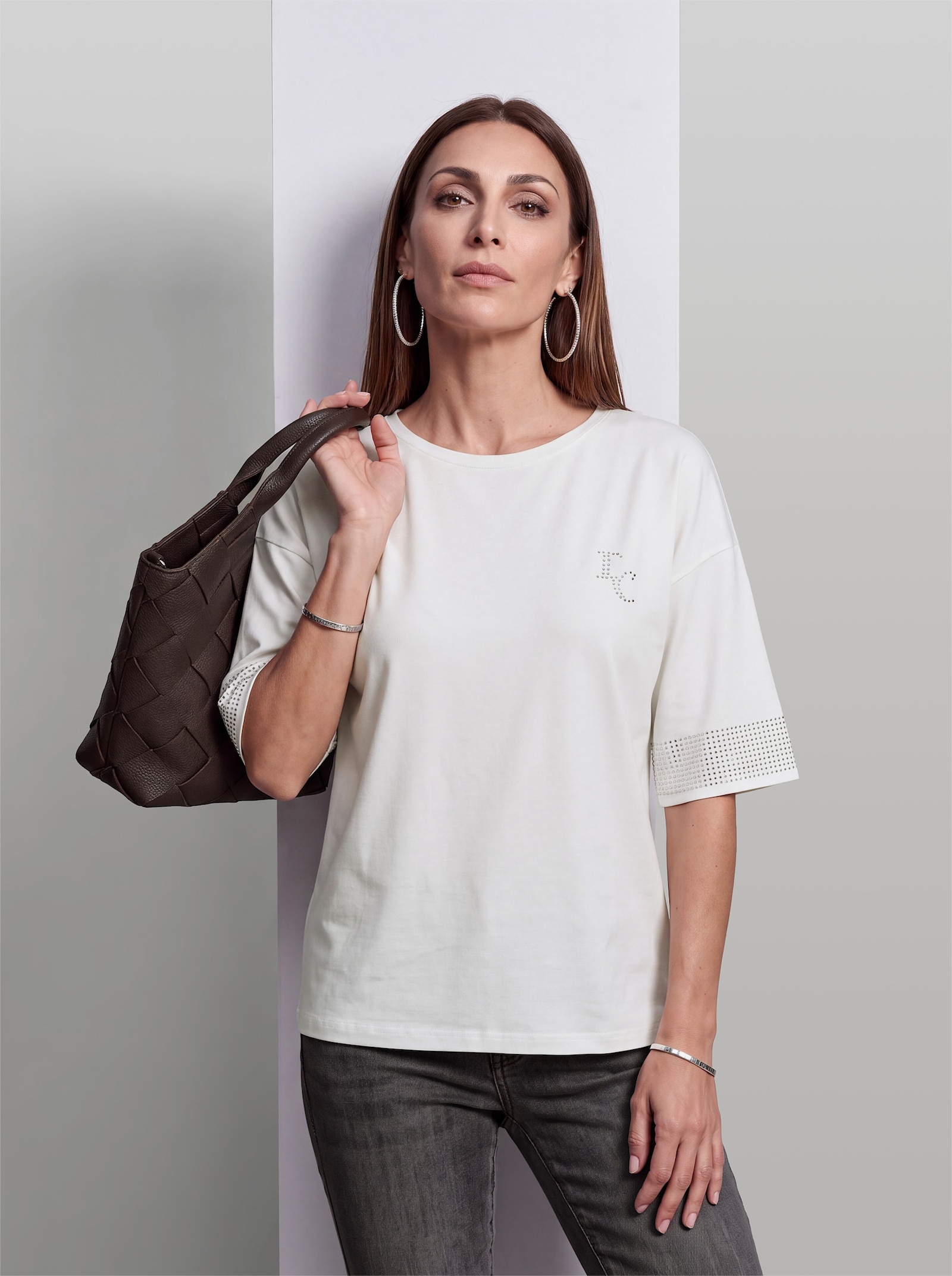 heine Kurzarmshirt mit Ziersteinchen - ecru-bedruckt