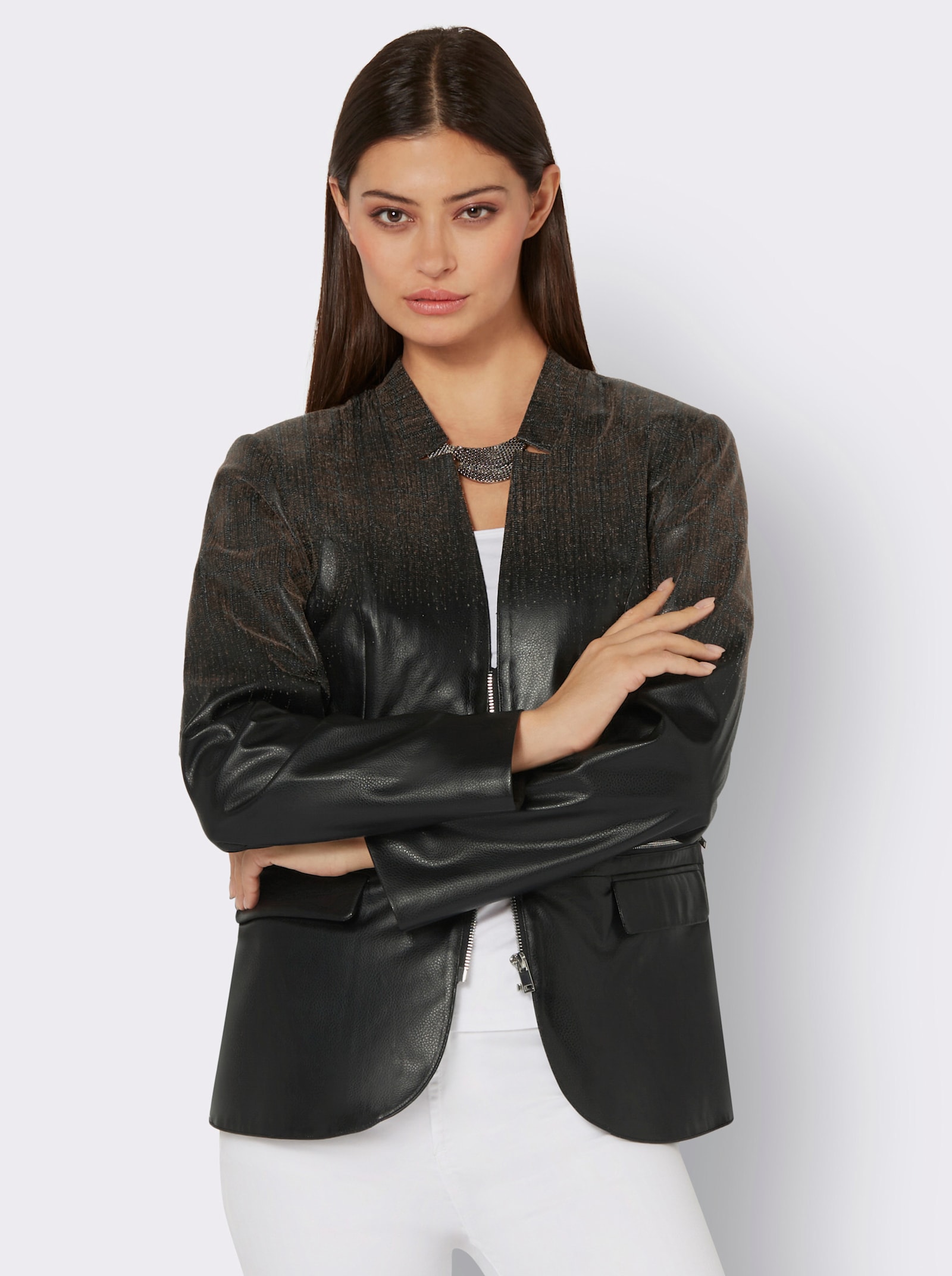 Lederimitat-Blazer mit Karo-Muster - schwarz-braun-bedruckt