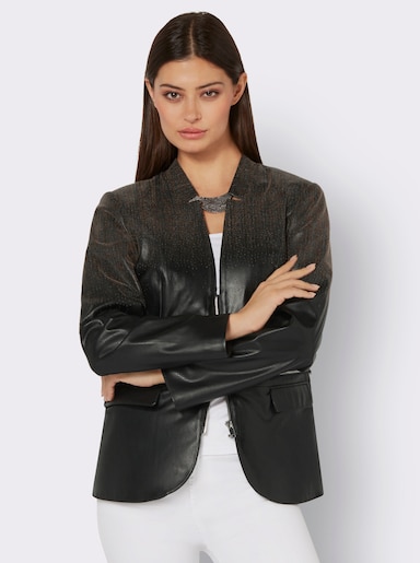 Lederimitat-Blazer mit Karo-Muster - schwarz-braun-bedruckt