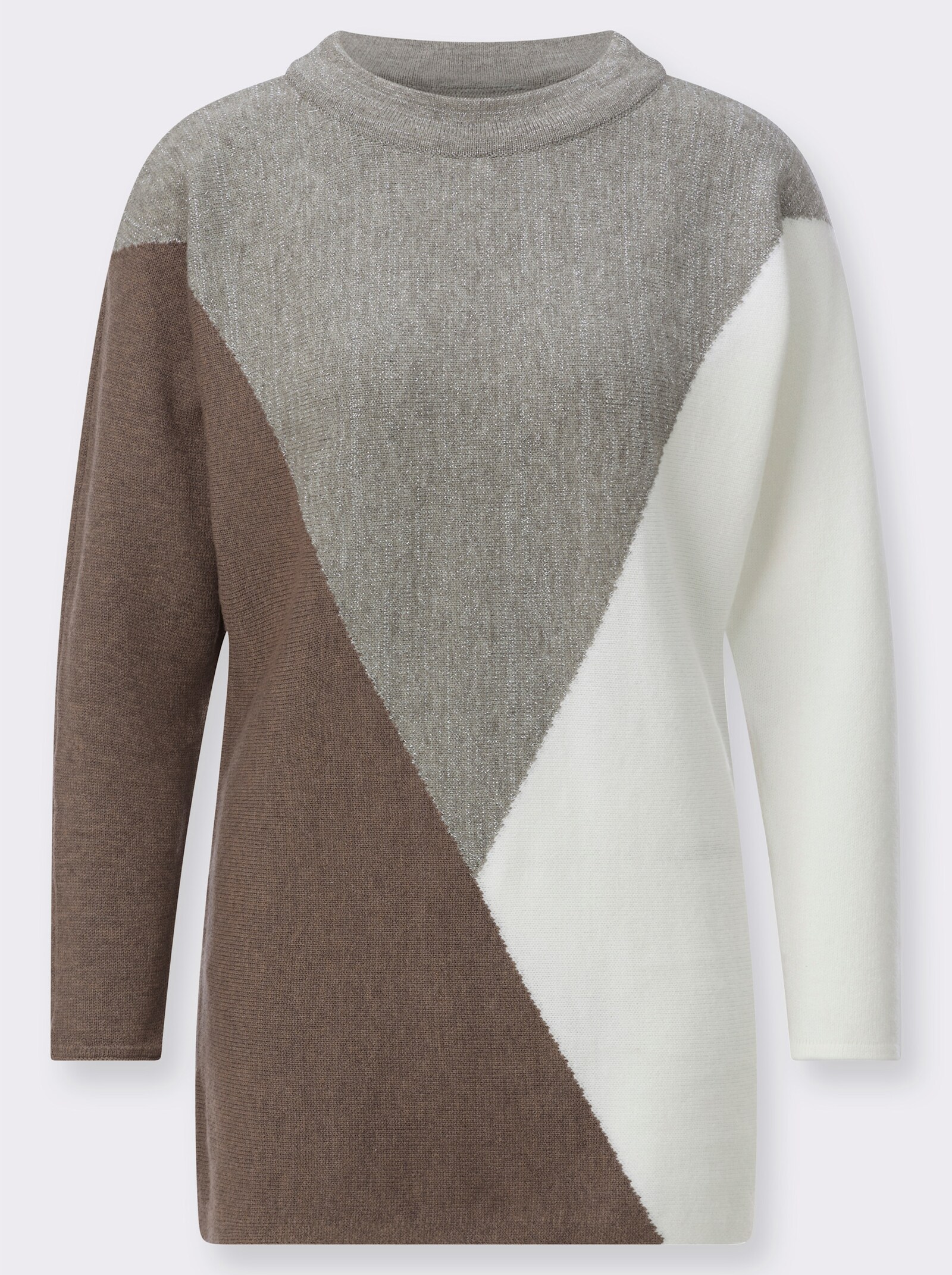 Fledermauspullover mit Glitzergarn-Partien - steingrau-ecru-gemustert