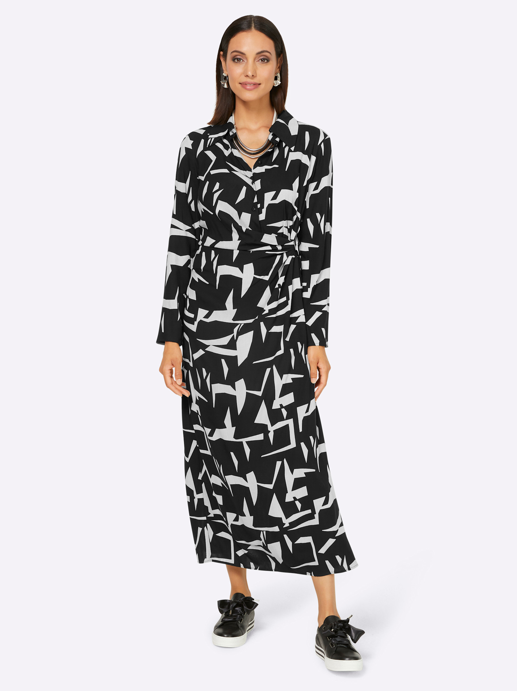 heine Druck-Kleid in schwarz-champagner-gemustert | heine