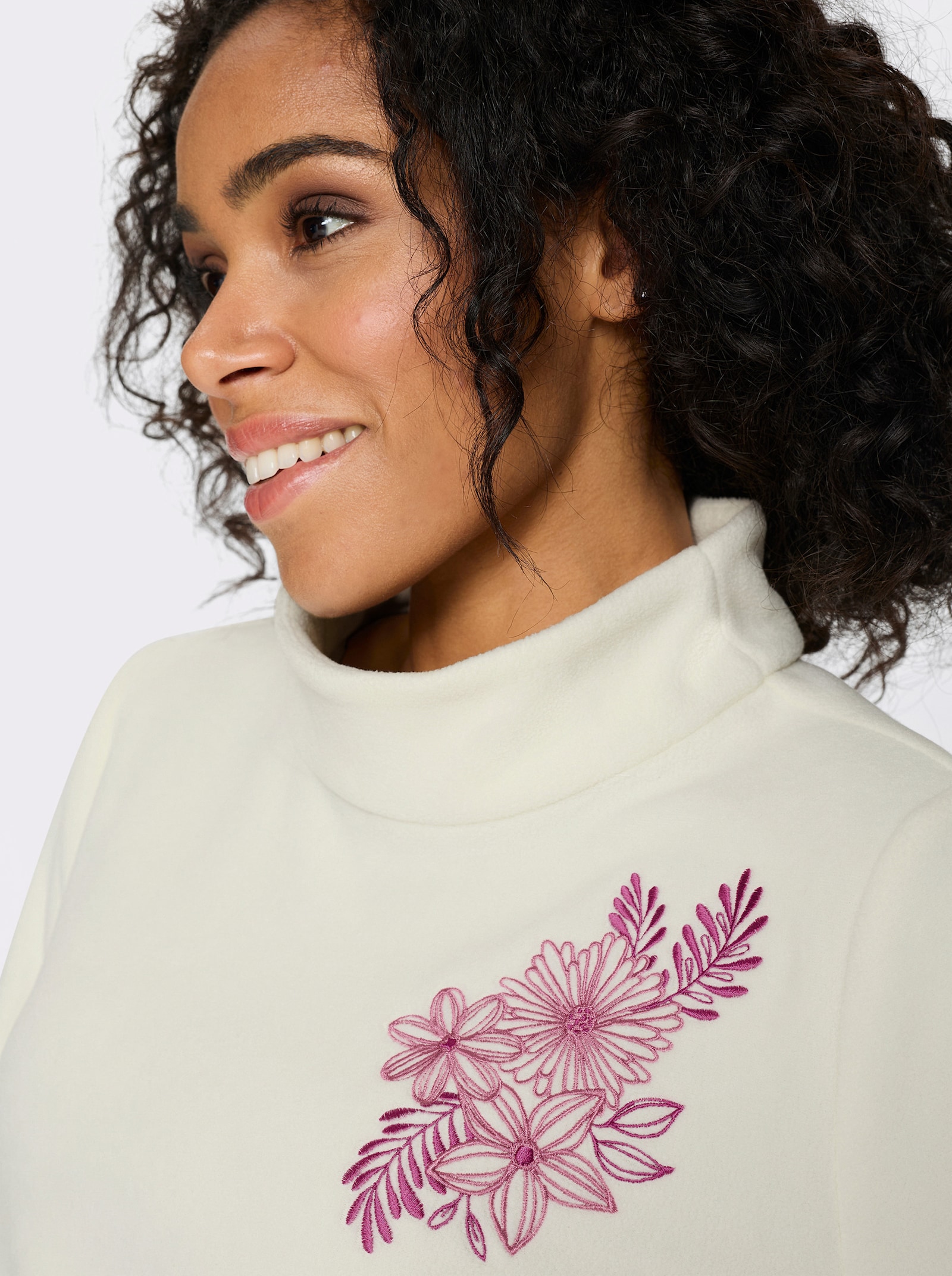 Fleeceshirt in Longform mit Stehkragen - ecru