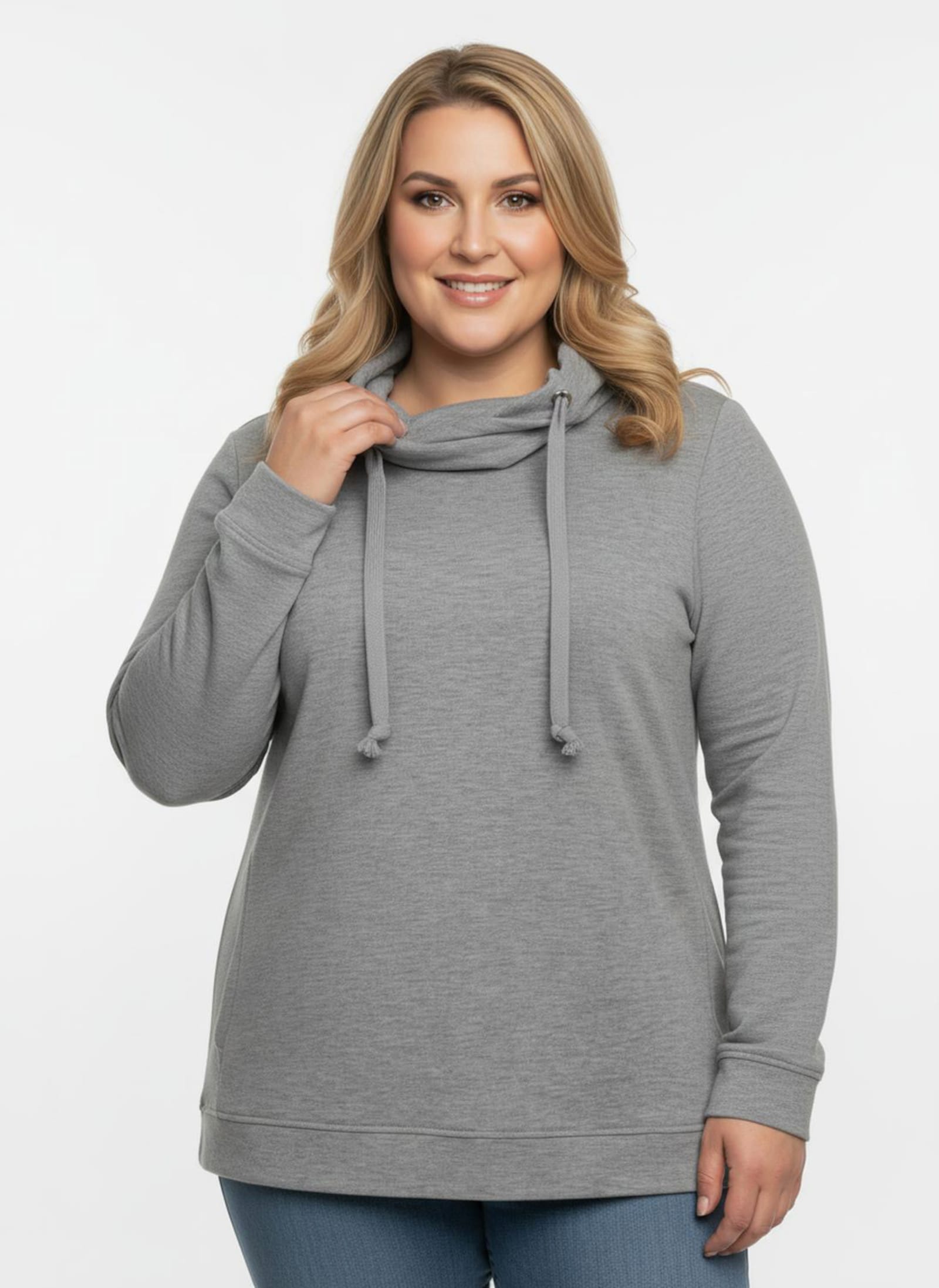 Sweatshirt mit halsfernem Rollkragen - grau-meliert