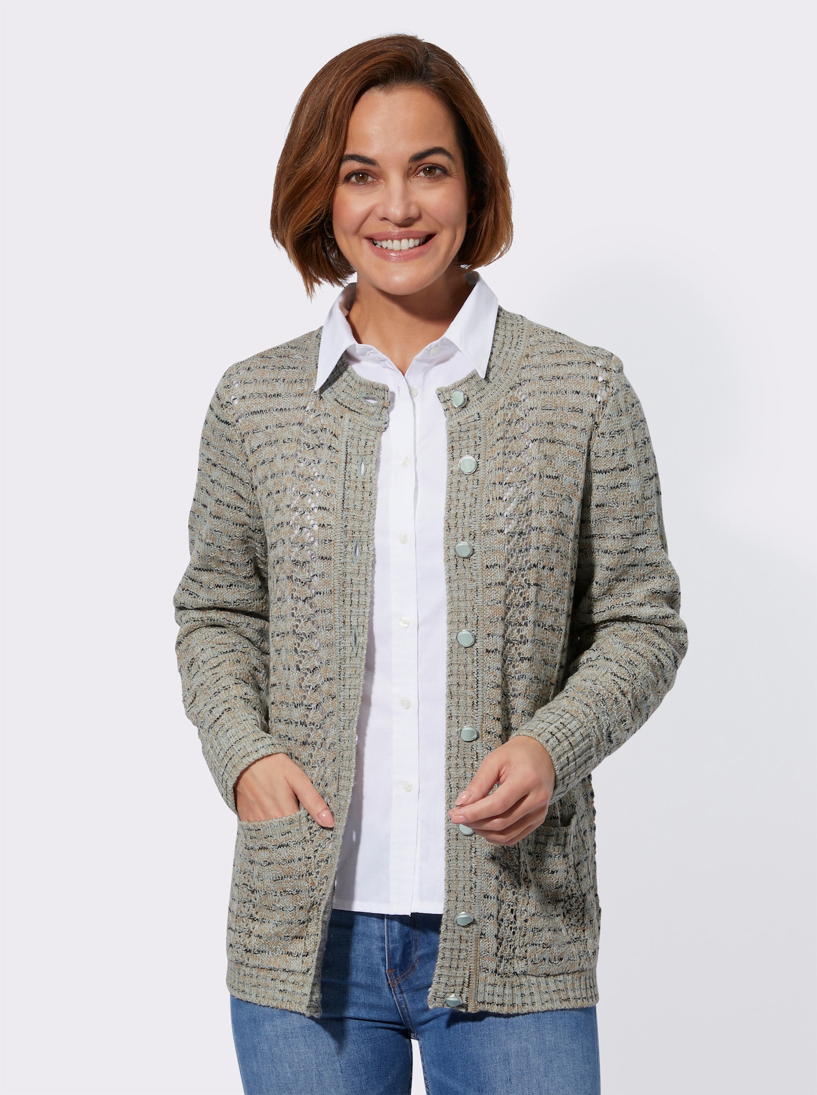 Ajourstrickjacke mit Schmuckknöpfen - kalkmint-meliert