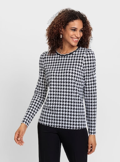 Rundhalsshirt mit Hahnentritt-Muster - schwarz-weiß-gemustert