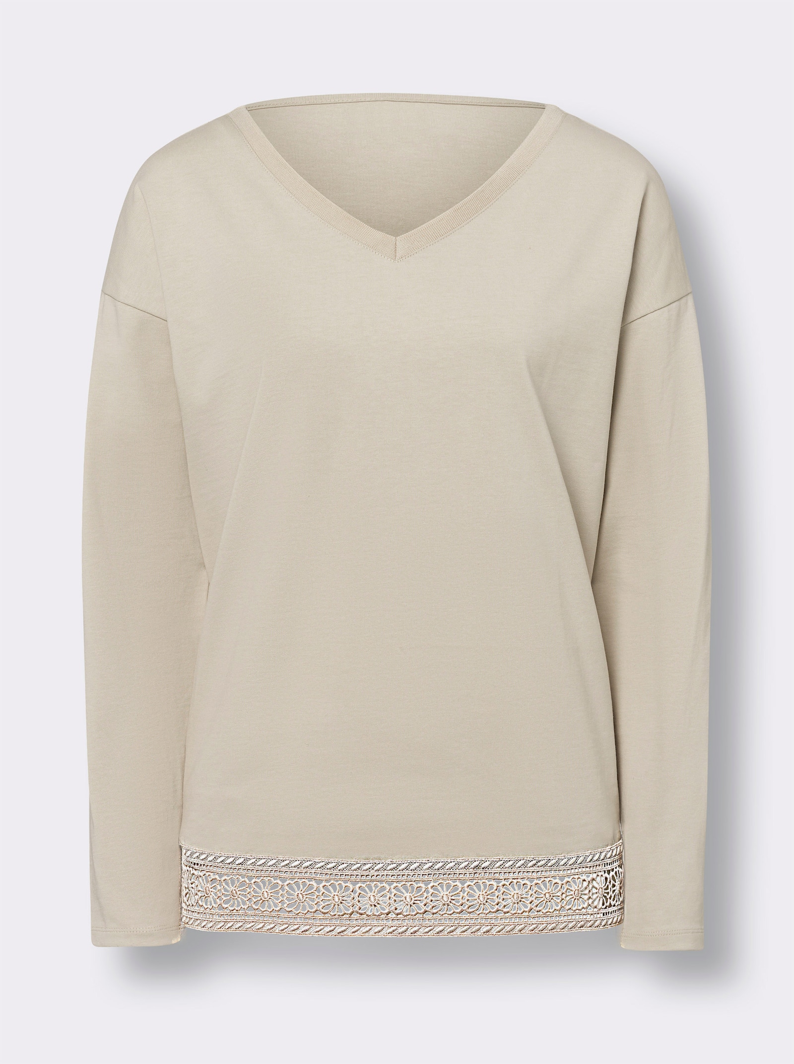 heine Shirt met V-hals en kant aan de zoom - zand