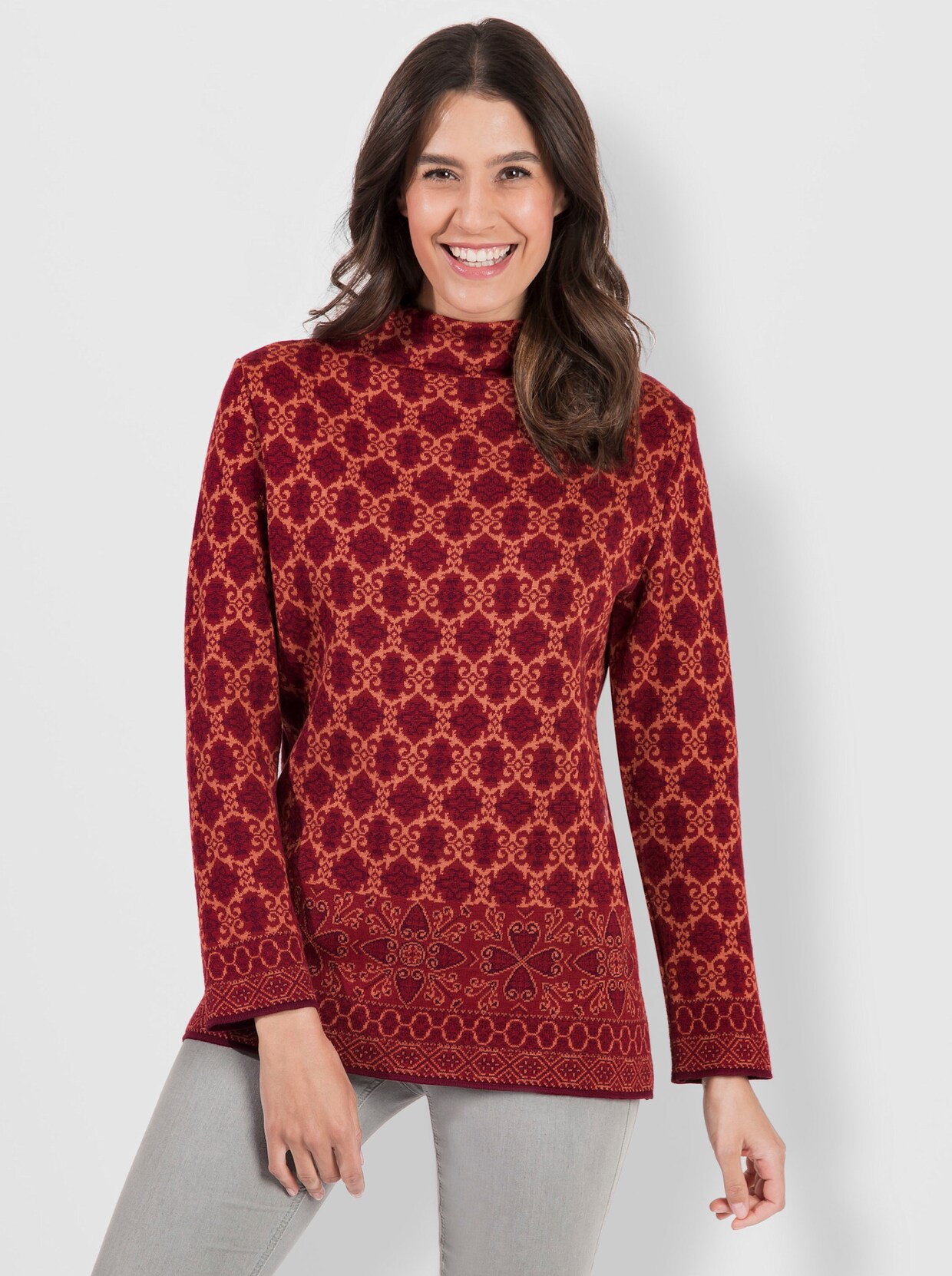 Wollpullover - dunkelrot-gemustert