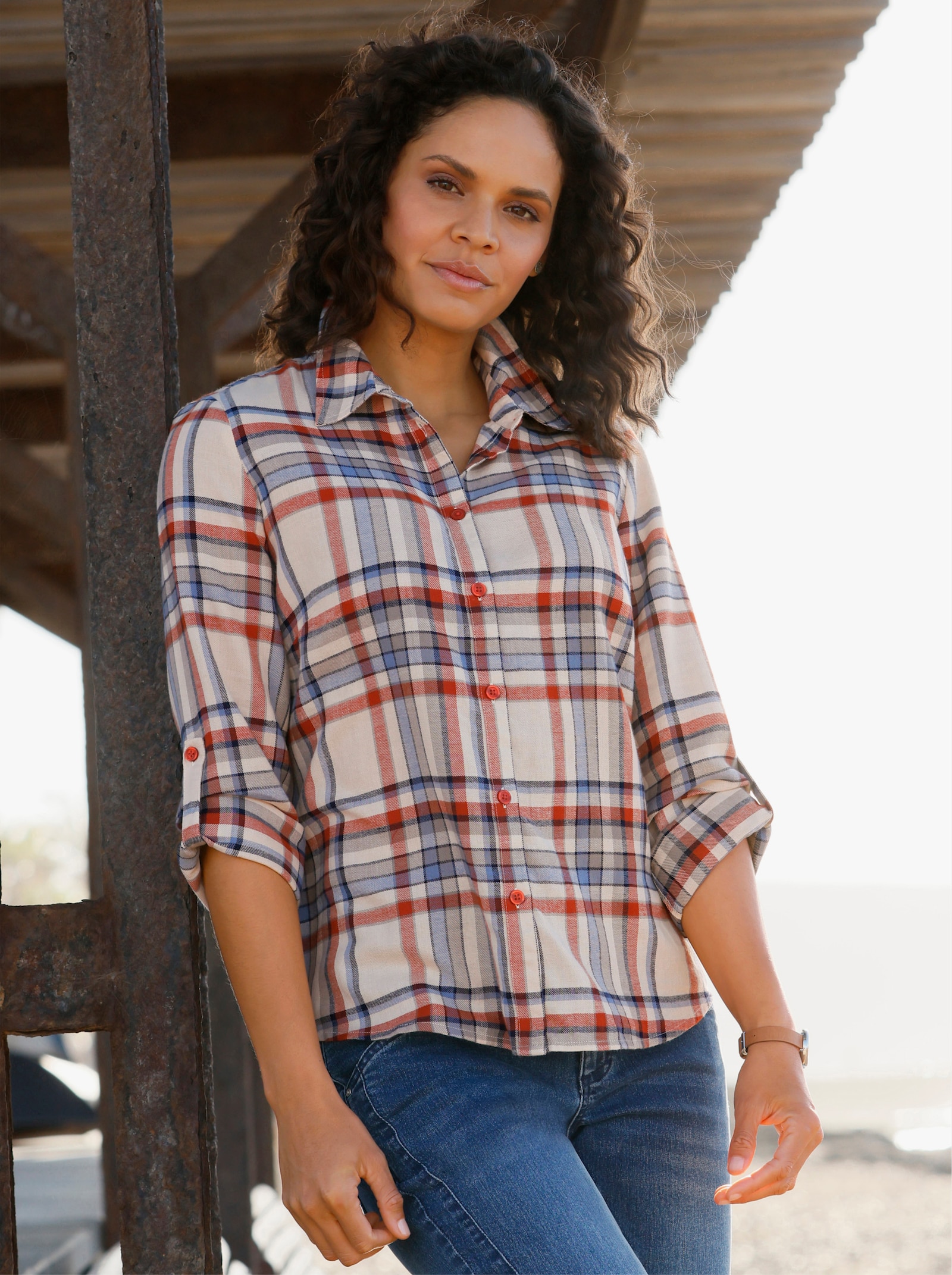 Flanellbluse mit krempelbaren Ärmeln, kariert - elfenbein-rostrot-kariert