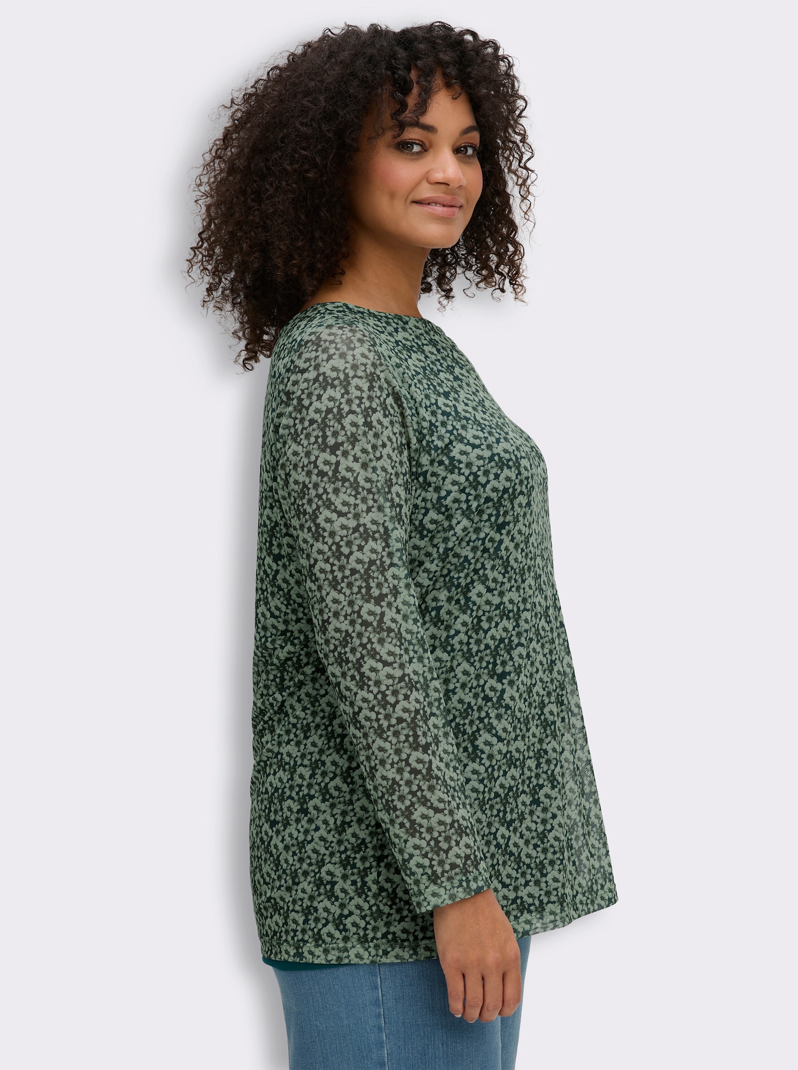 sheego Langarmshirt aus Mesh, mit Blumenprint - petrol-eucalyptus-bedruckt