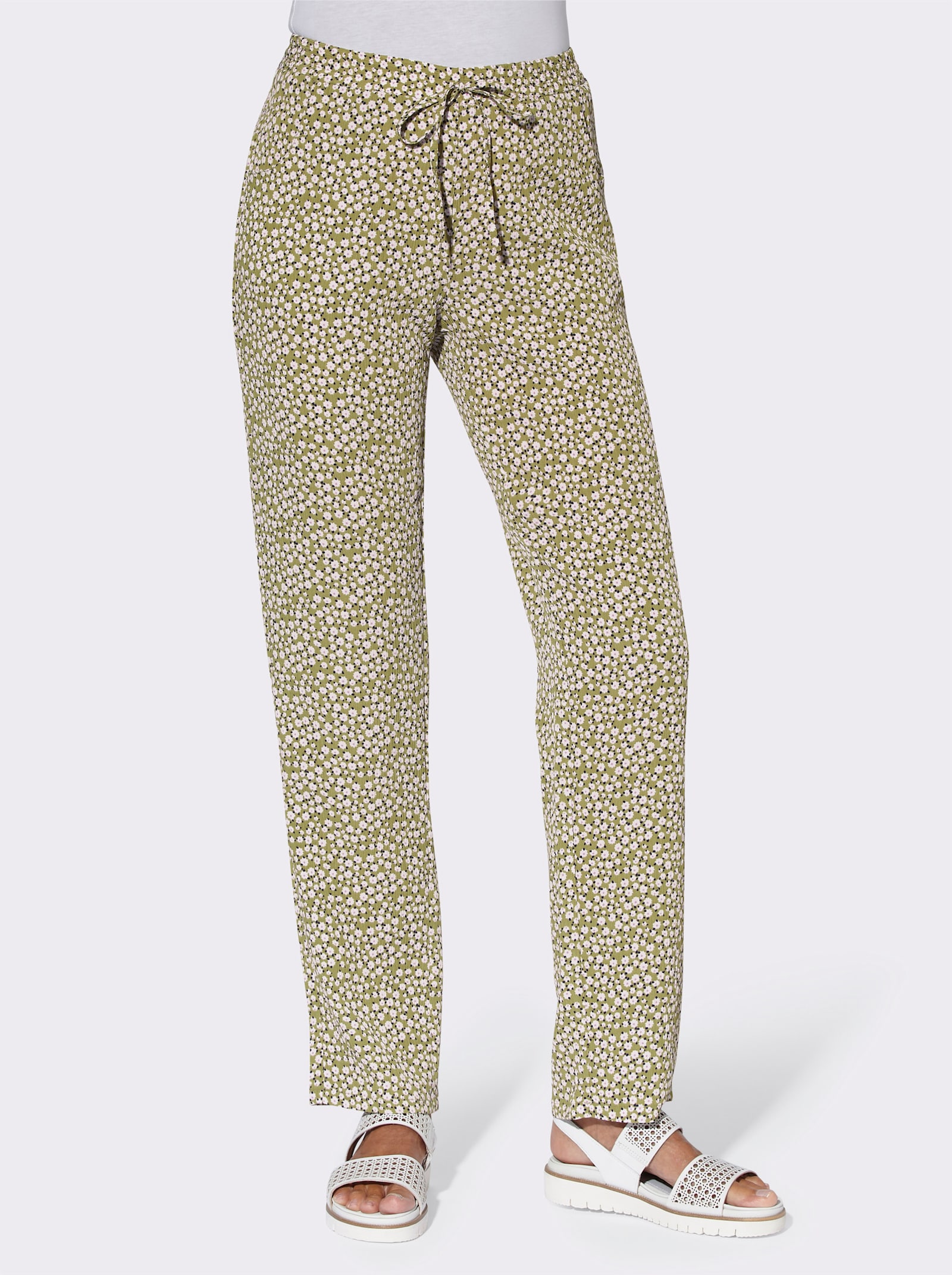 Navlékací kalhoty s ozdobným páskem - rákos. + rákos.-bílá-potisk