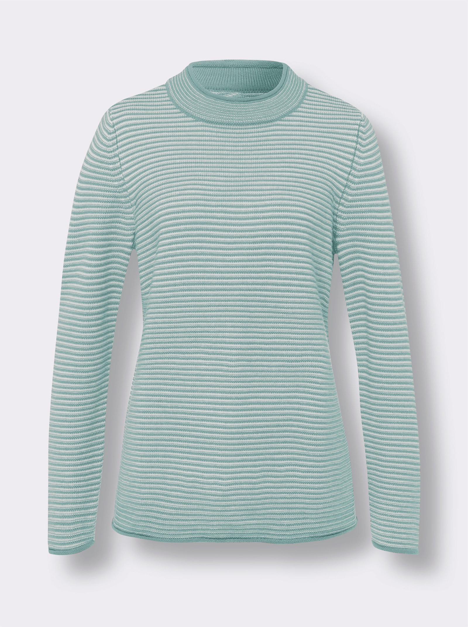 Stehkragenpullover mit Streifen-Muster - salbei-ecru-geringelt