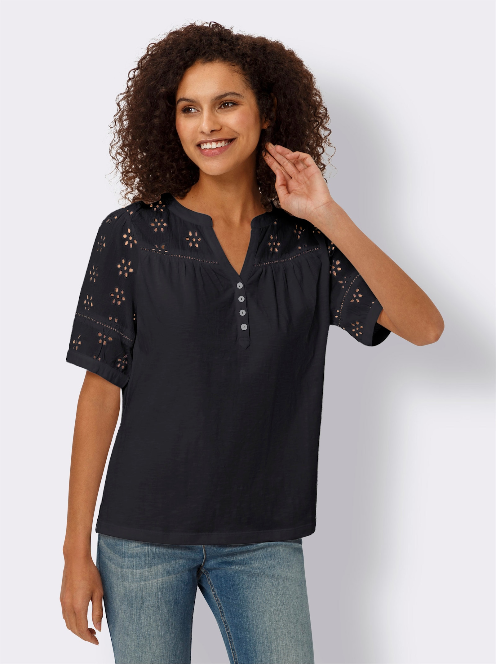 heine Spitzenshirt mit Puffärmeln - schwarz