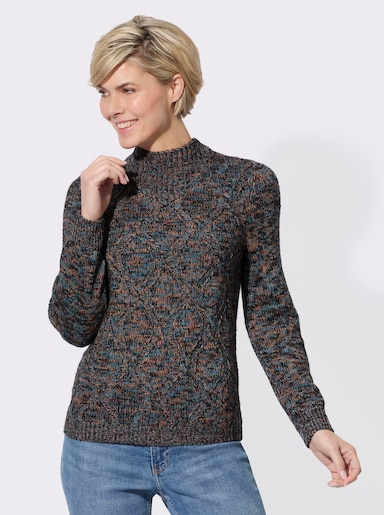 Stehkragenpullover mit Zopfmuster - schwarz-papaya-meliert