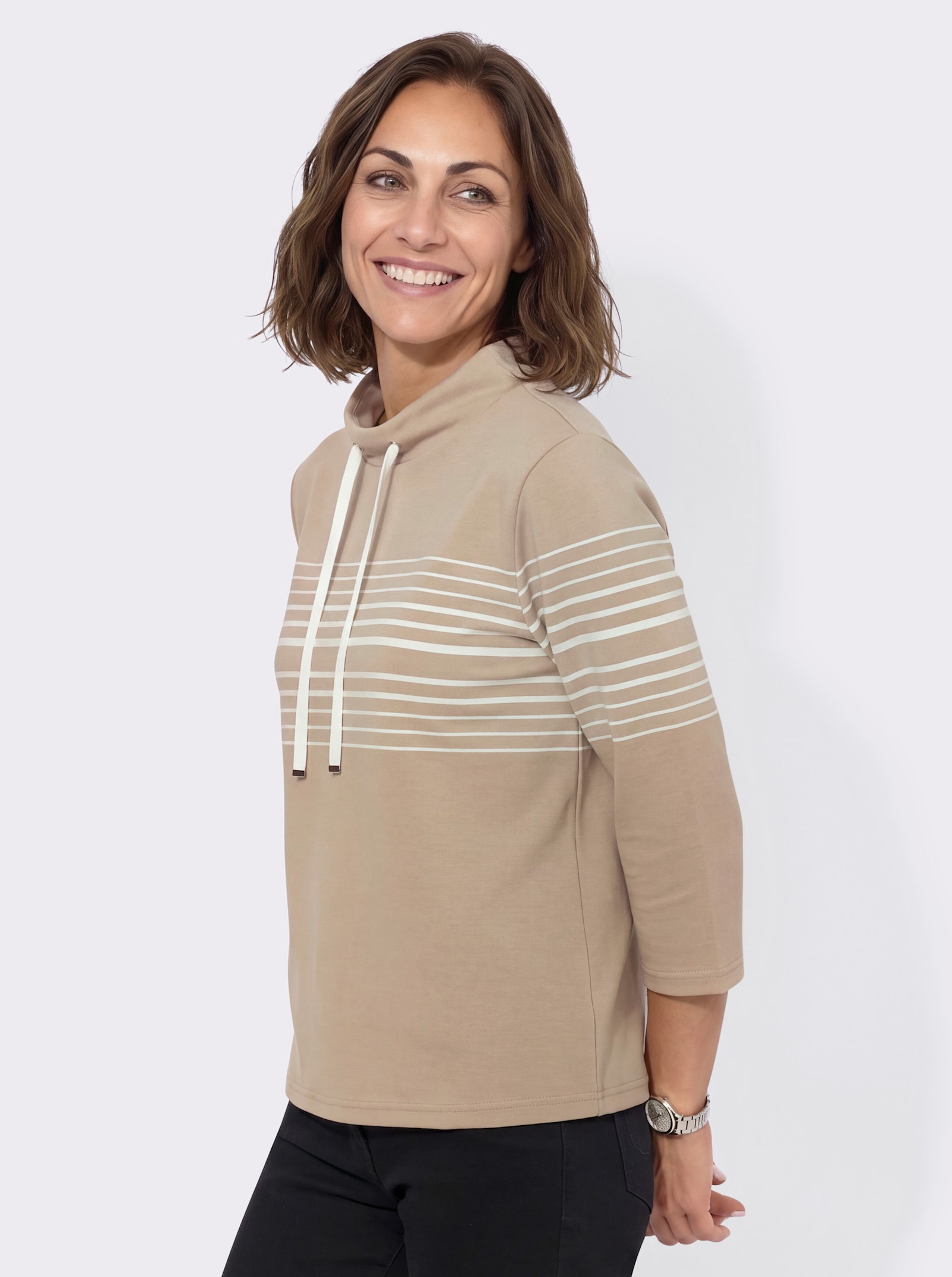 Sweatshirt mit Stehkragen - beige-ecru-geringelt