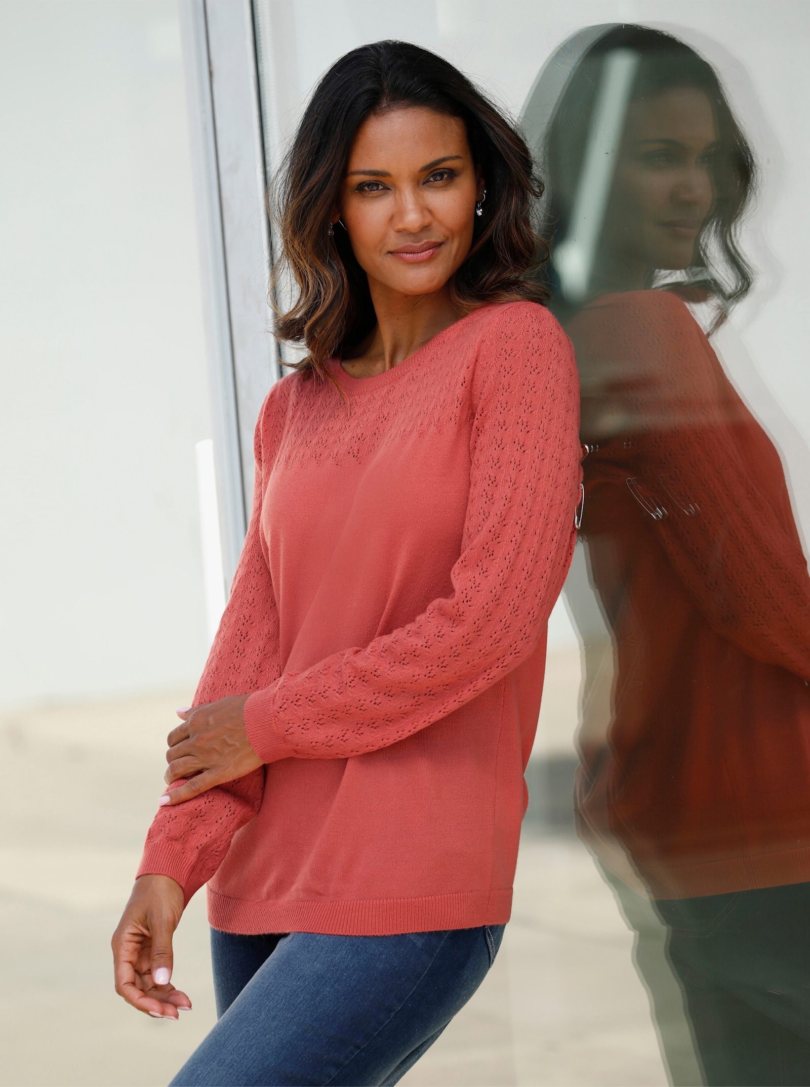 Ajourpullover mit gerippten Abschlüssen - grapefruit