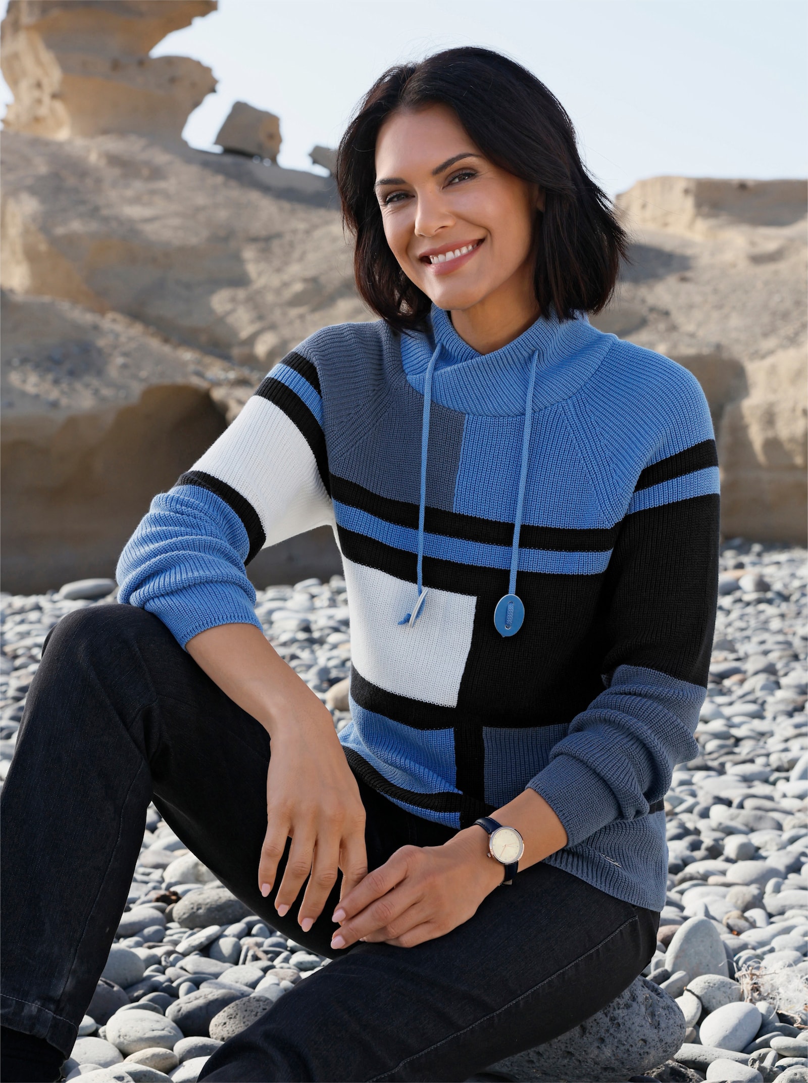Stehkragenpullover mit Intarsien-Muster - rauchblau-ecru-gemustert