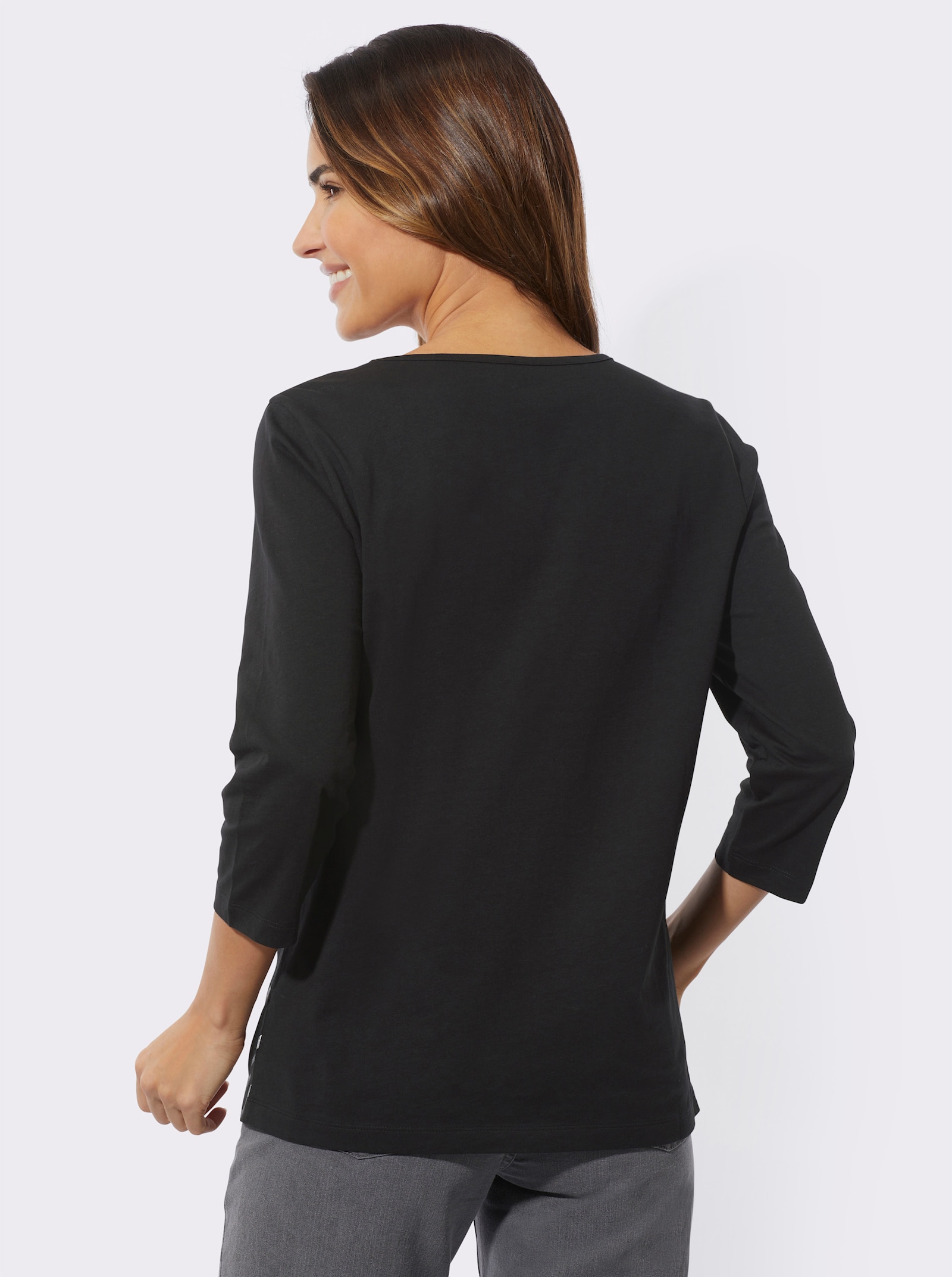 Rundhalsshirt mit Hahnentritt und Folienprint - schwarz