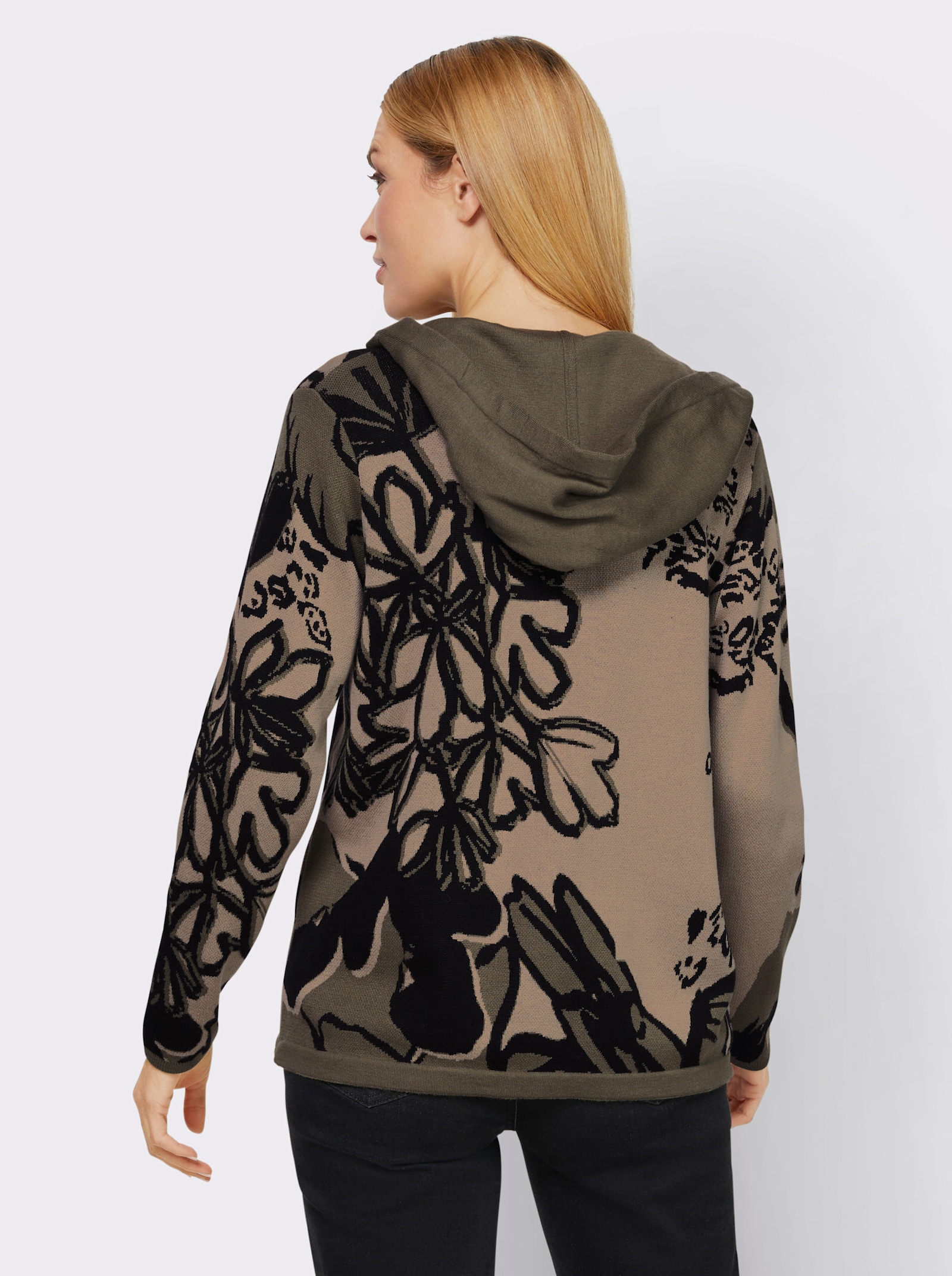 heine Jacquardstrickjacke mit weitenverstellbarer Kapuze - khaki-schlamm-gemustert