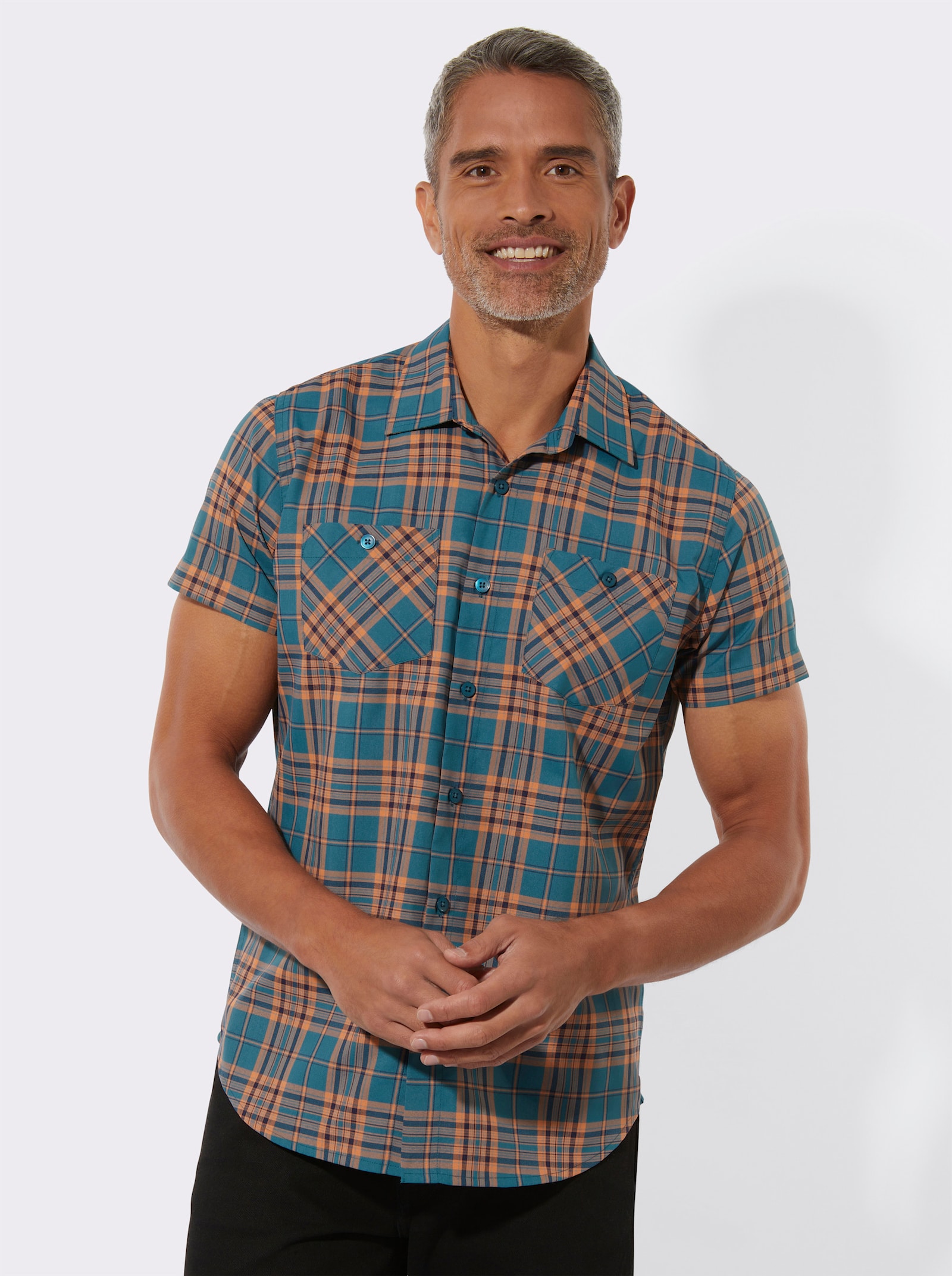 Kurzarmhemd mit Brusttaschen - topas-grau-kariert