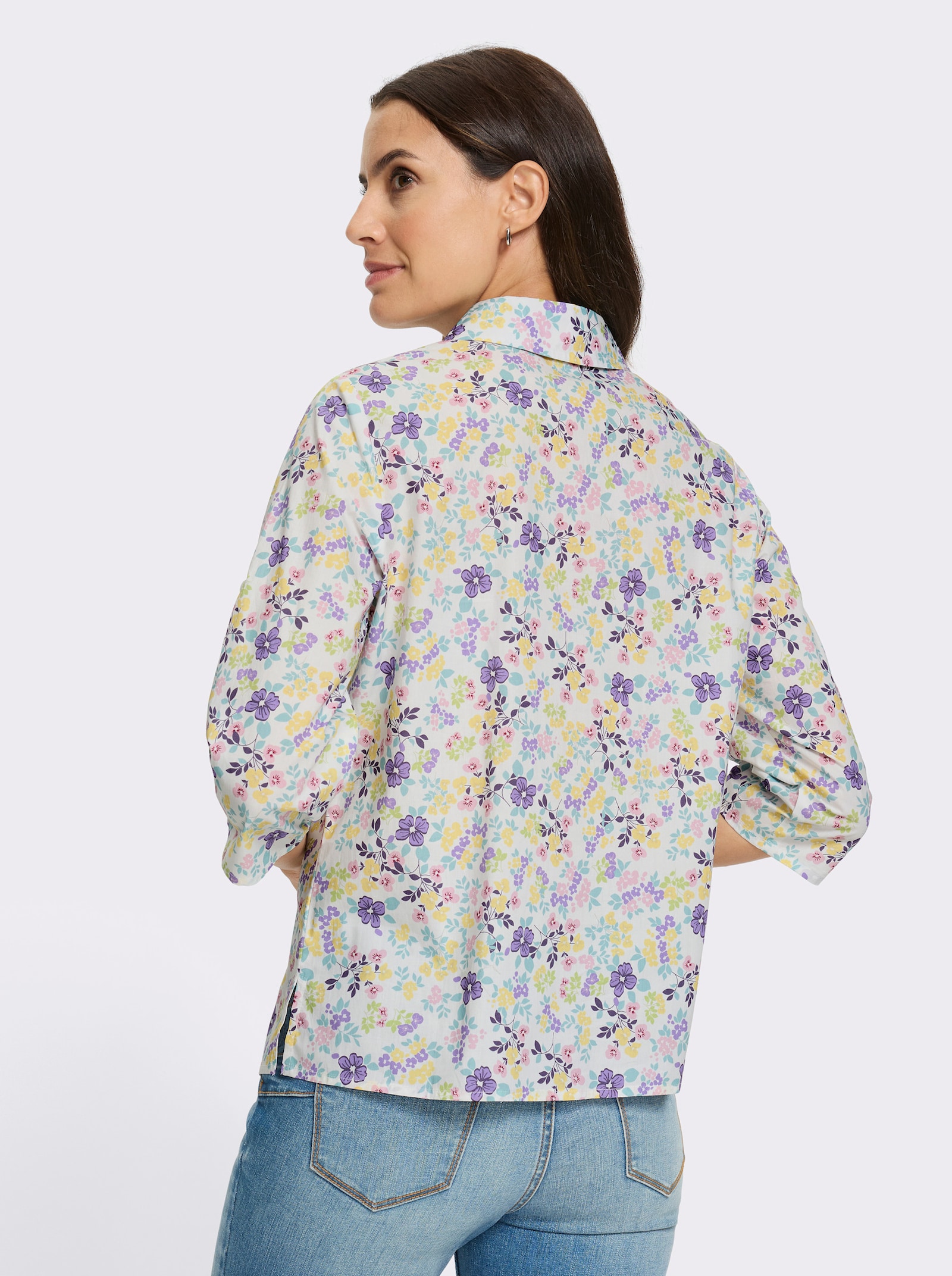 Baumwollbluse mit längenregulierbaren Ärmeln - weiß-bedruckt