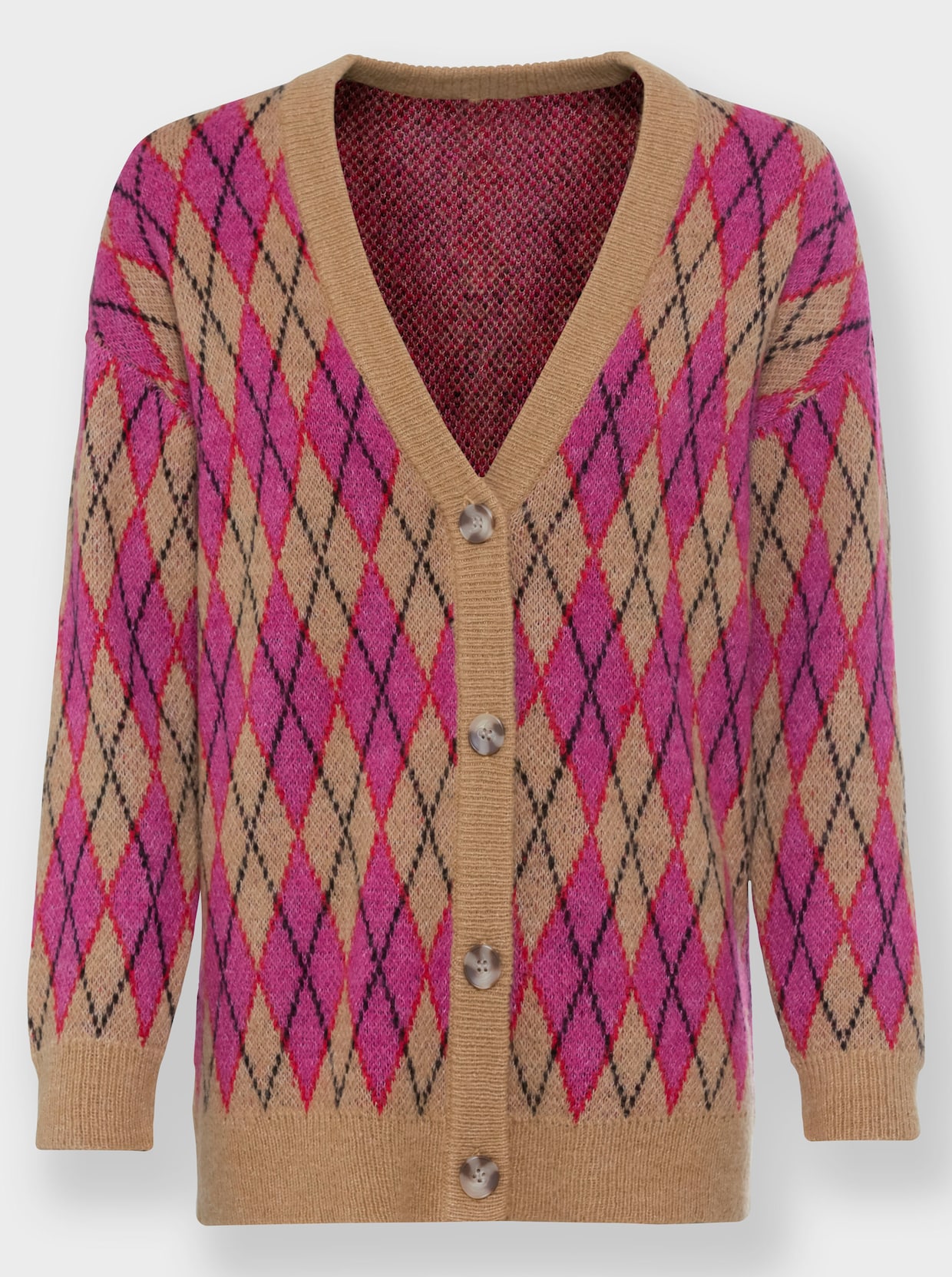 heine Rautenstrickjacke - camel-fuchsia-gemustert
