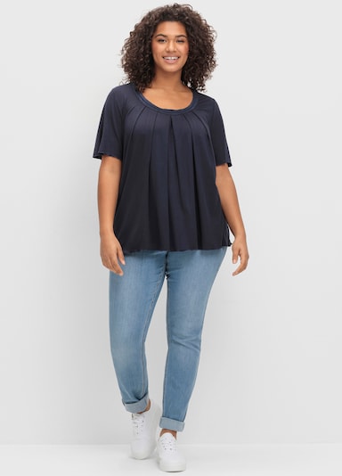 sheego Shirt mit Kellerfalte vorn - tiefblau